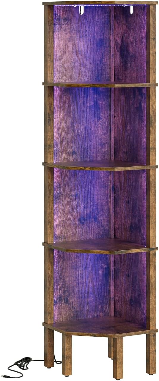5 Tier Corner Bookshelf with LED Light and Storage
