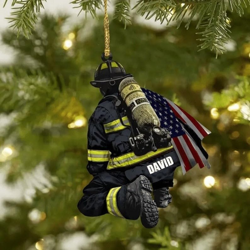 Personalized Firefighter Ornament with Custom Acrylic Car Design