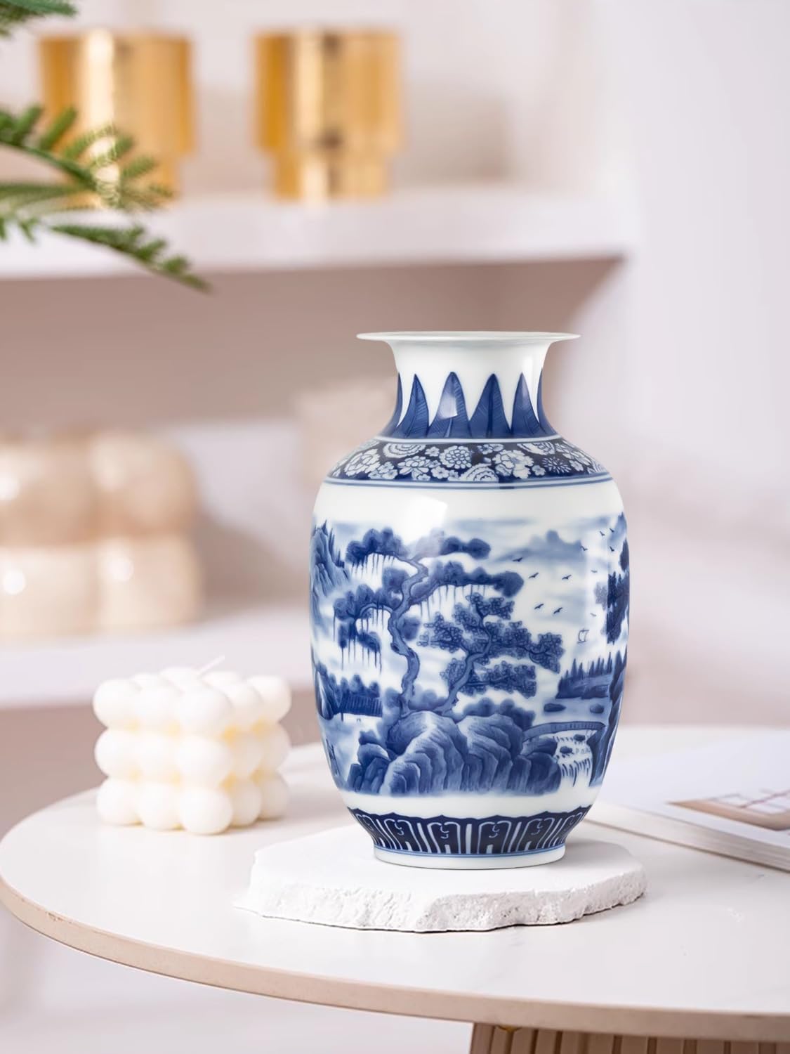 Qinlang 9 Inch Blue White Ceramic Vase Landscape Design
