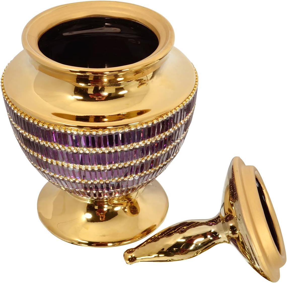 Gold Purple Jeweled Finial Urn Vase with Removable Lid