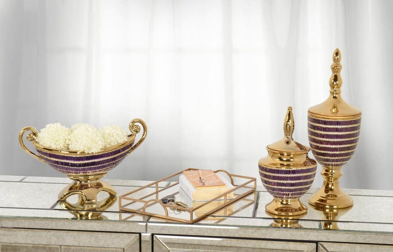 Gold Purple Jeweled Finial Urn Vase with Removable Lid