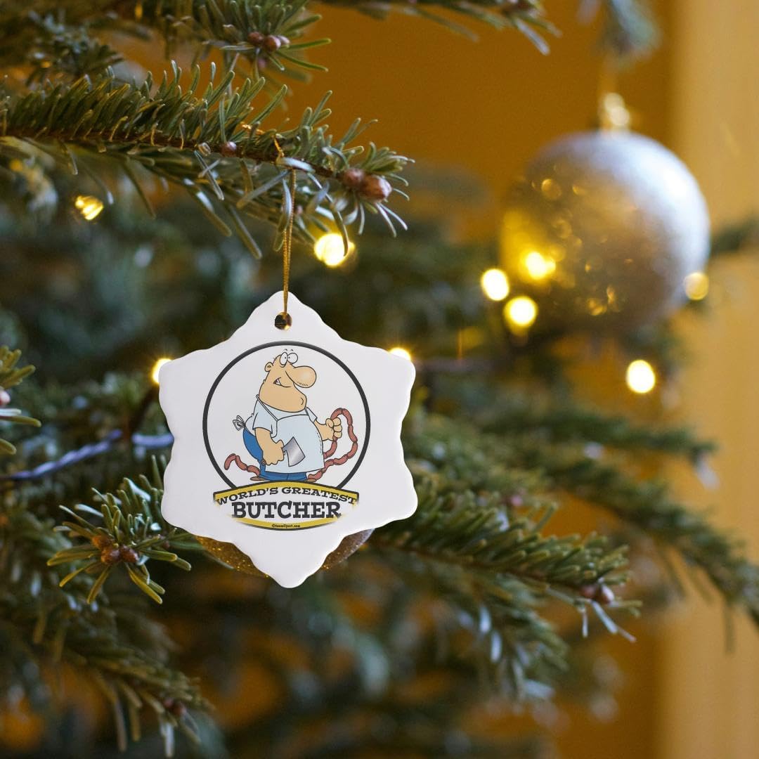 3 Inch Snowflake Porcelain Ornament - Funny Worlds Greatest Butcher Cartoon