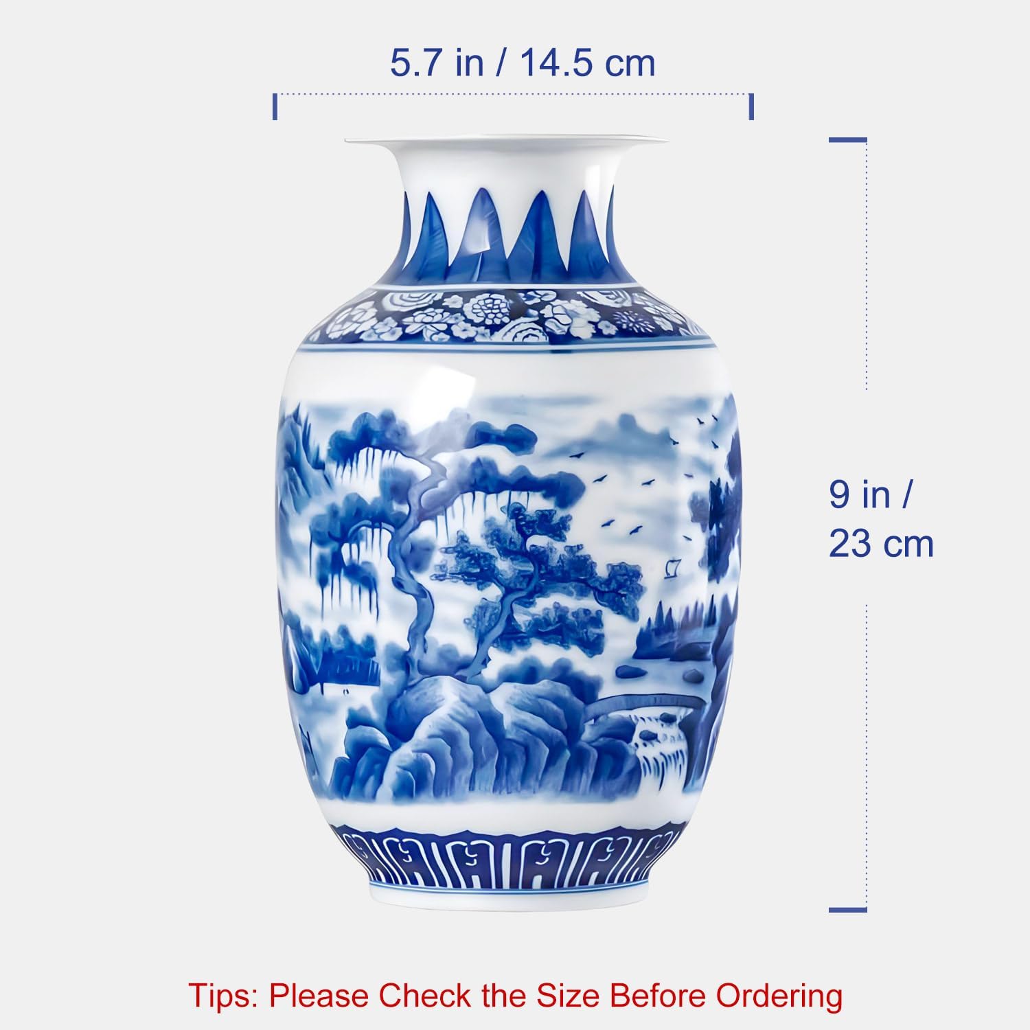 Qinlang 9 Inch Blue White Ceramic Vase Landscape Design
