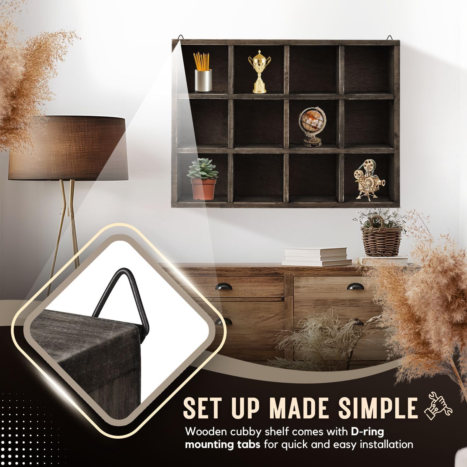 Flexzion 12-Compartment Floating Wooden Shelf