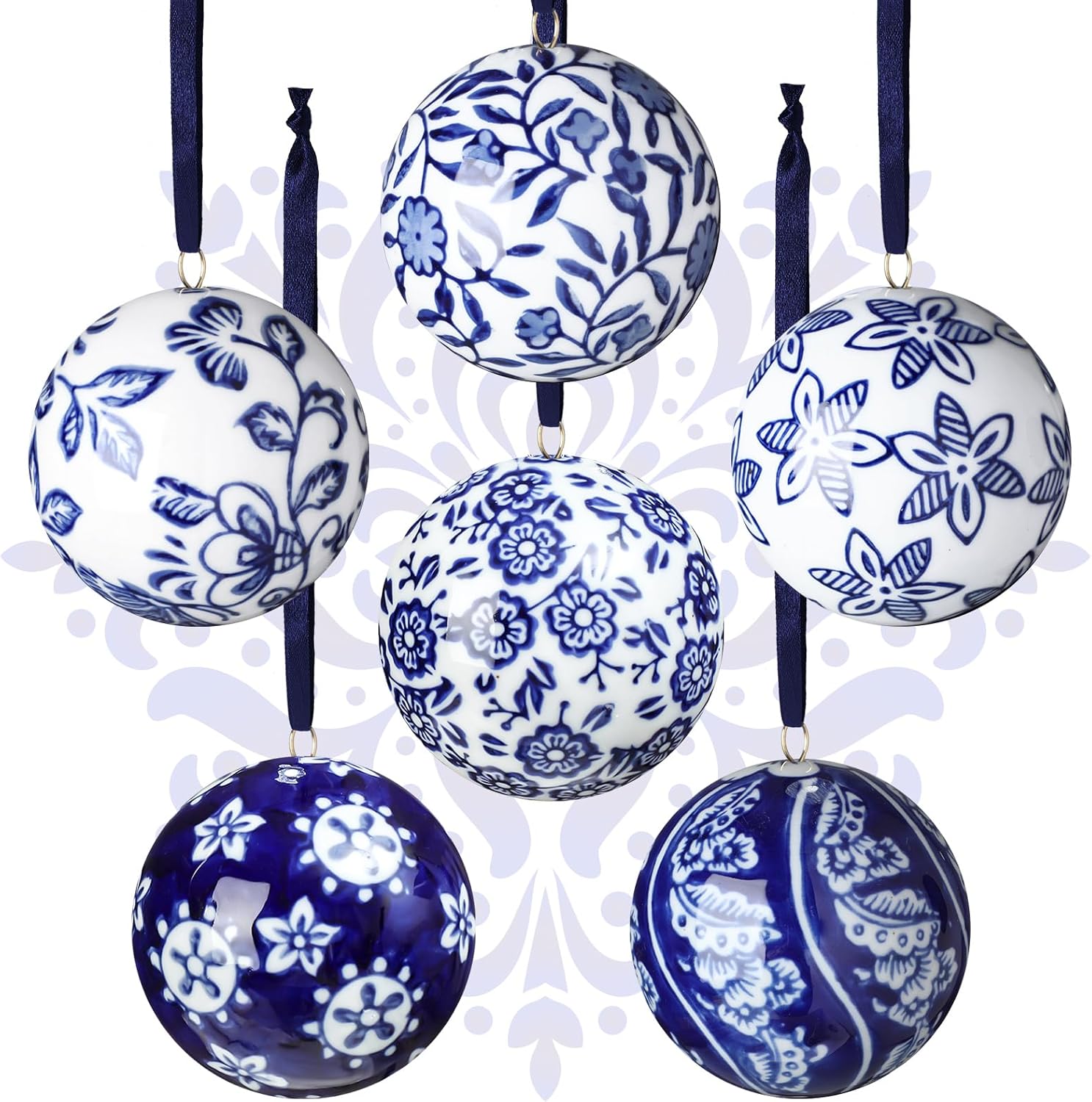 Cindeer 6 Pcs Christmas Porcelain Balls Blue White Decor