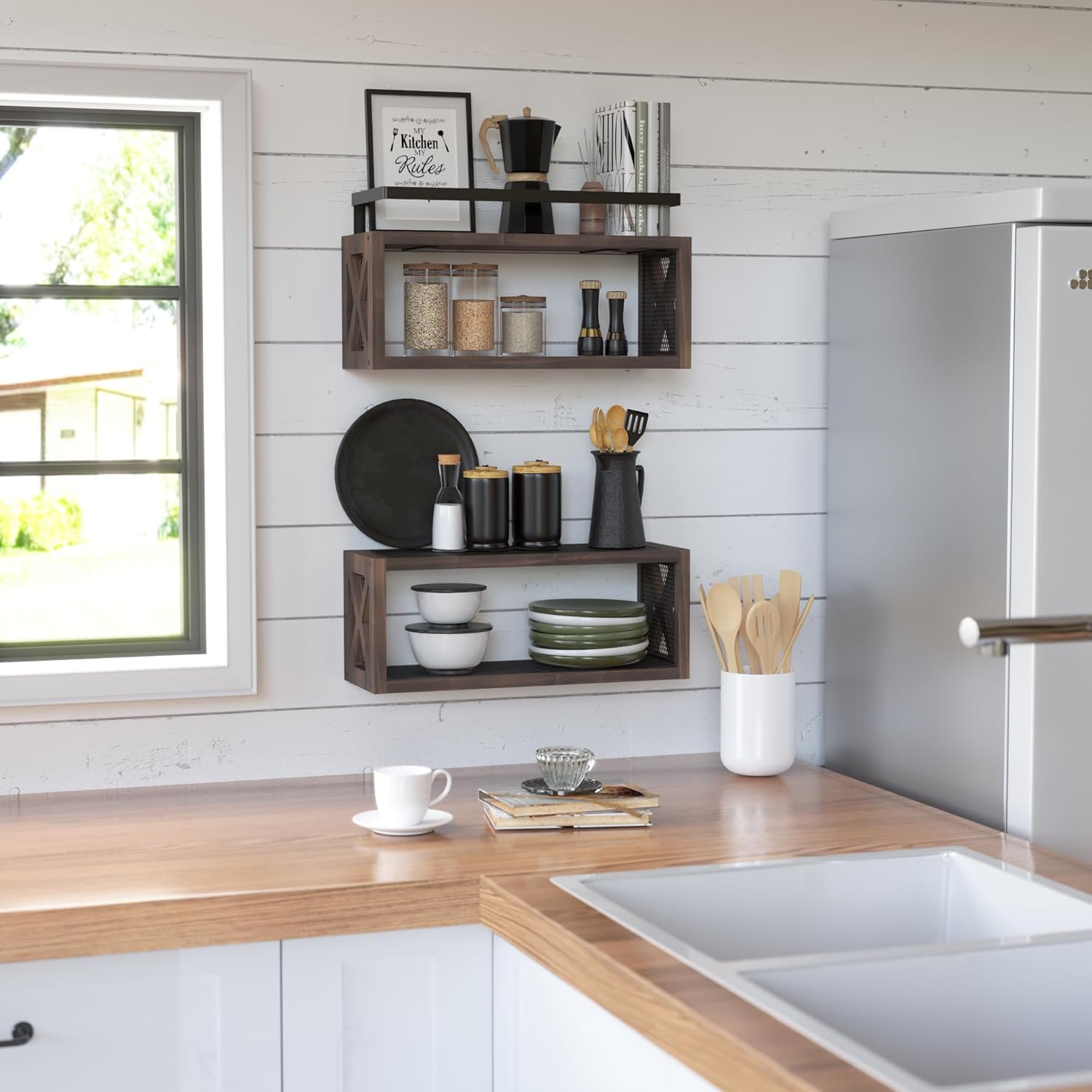RICHER HOUSE Floating Wood Shelves with Guardrail Rustic Brown 2 Shelves