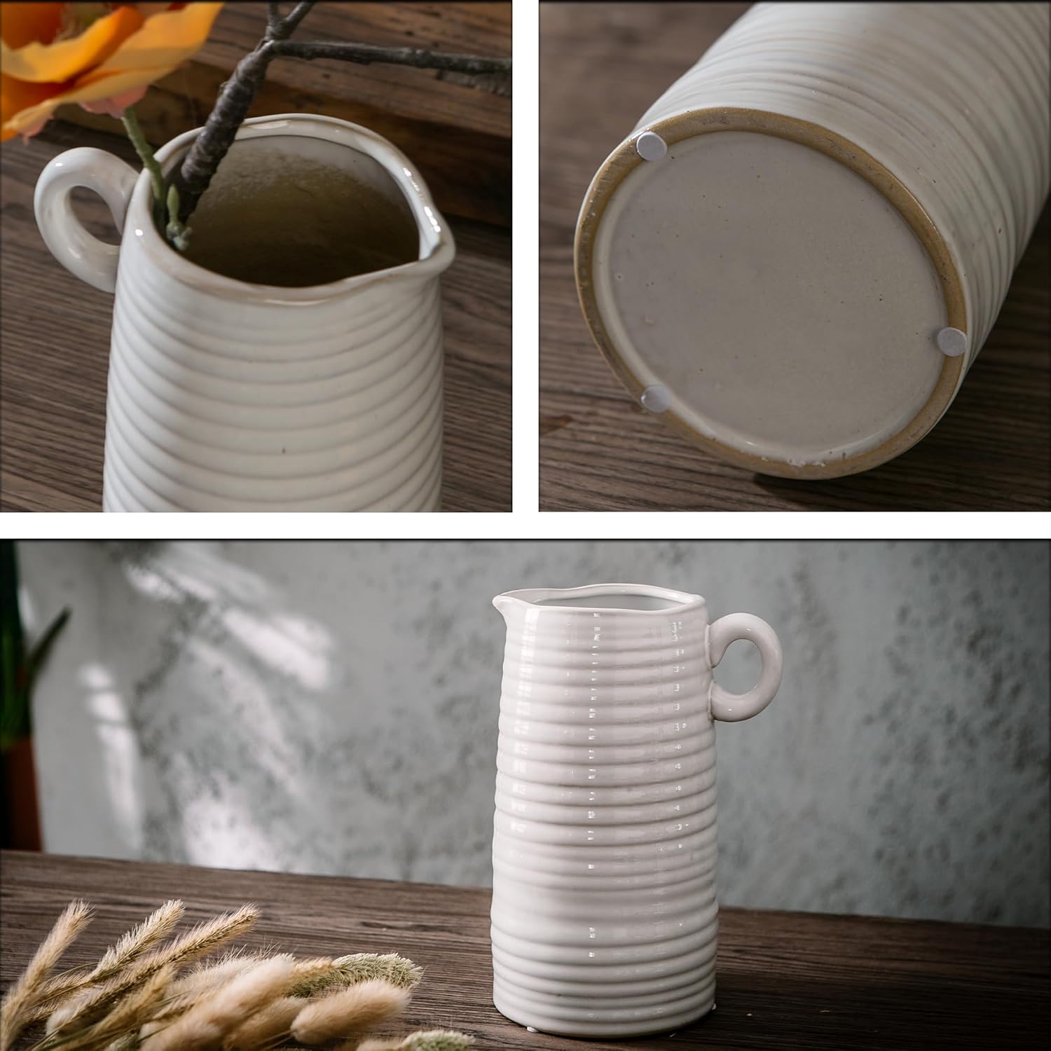 White Ceramic Vase with Handle Modern Farmhouse Decor