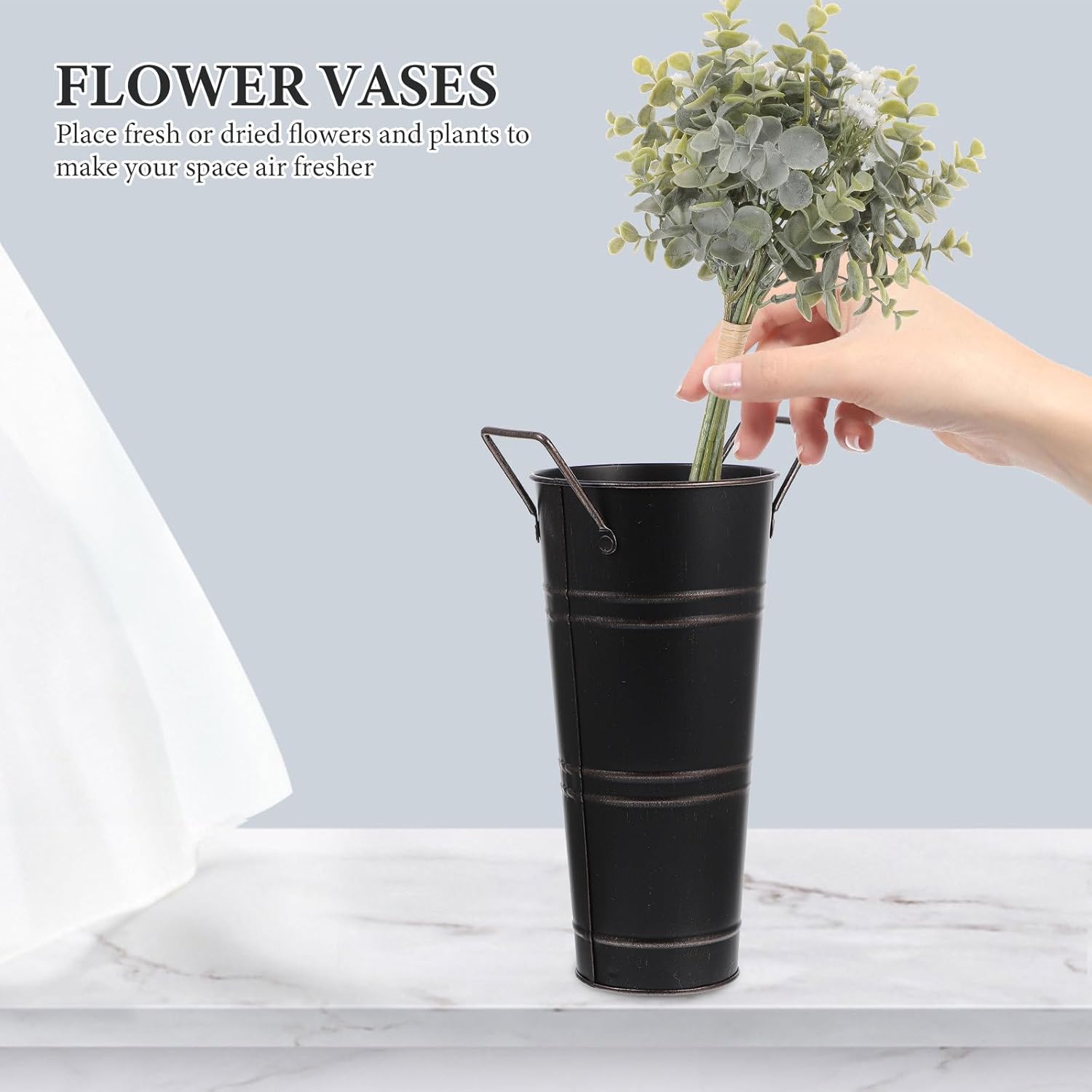 Beavorty Metal Flower Vase Bucket Rustic Decorative Planter Black