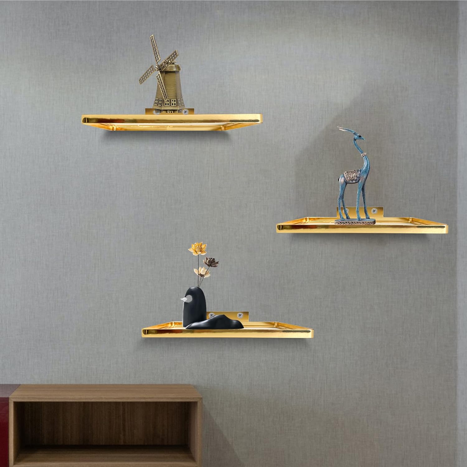 Cityelf Floating Shelves Wall Mounted Gold Set of 3