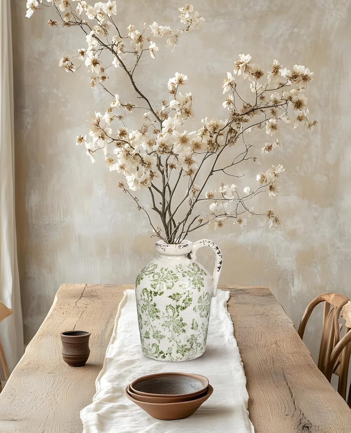 9 Inch Ceramic Green and White Vase for Centerpieces
