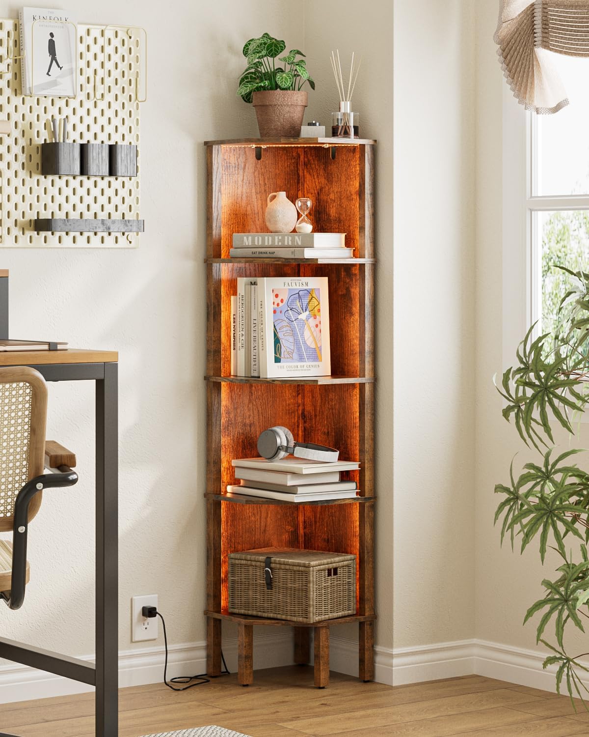 5 Tier Corner Bookshelf with LED Light and Storage
