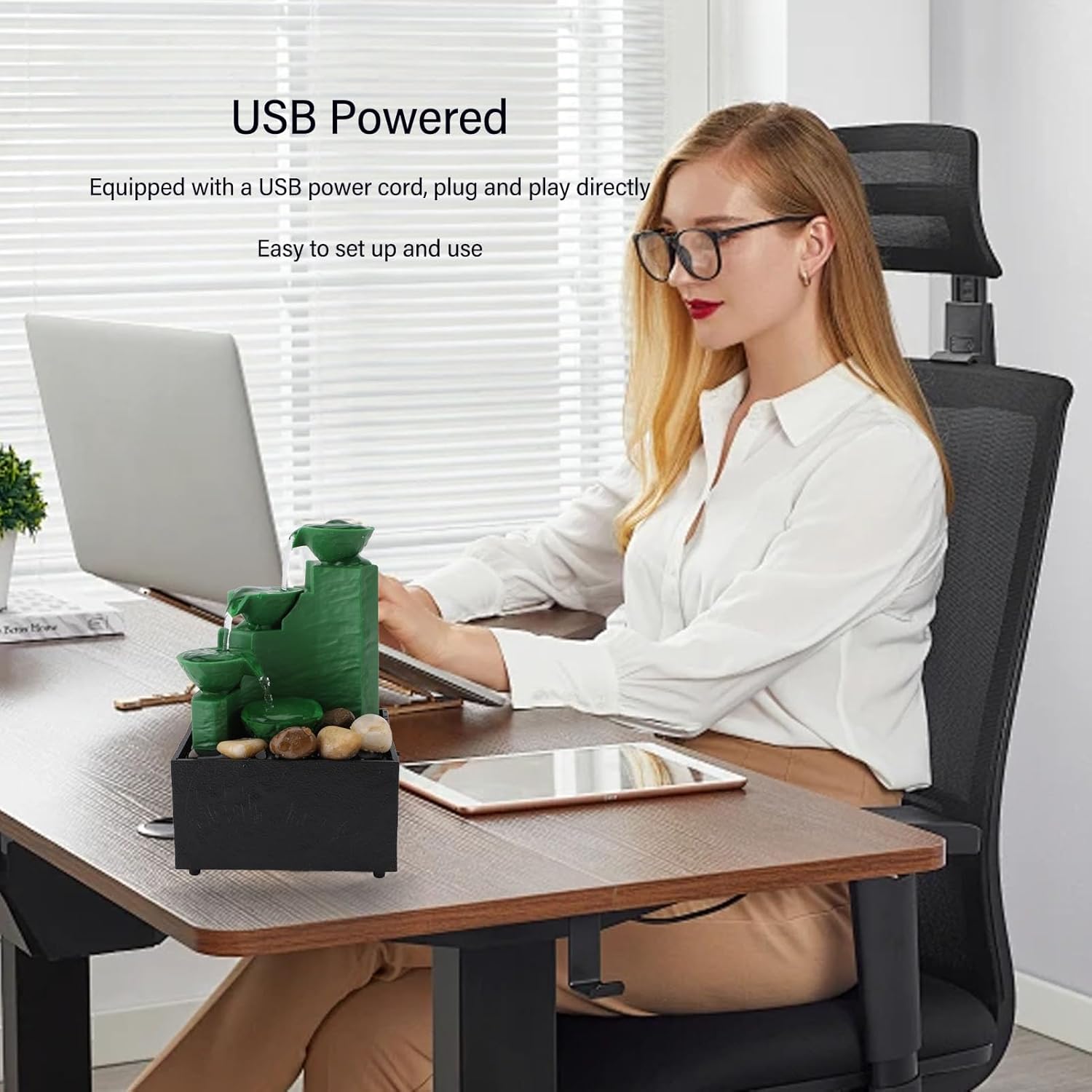 Tabletop Fountain with LED Light and Stones for Office and Bedroom