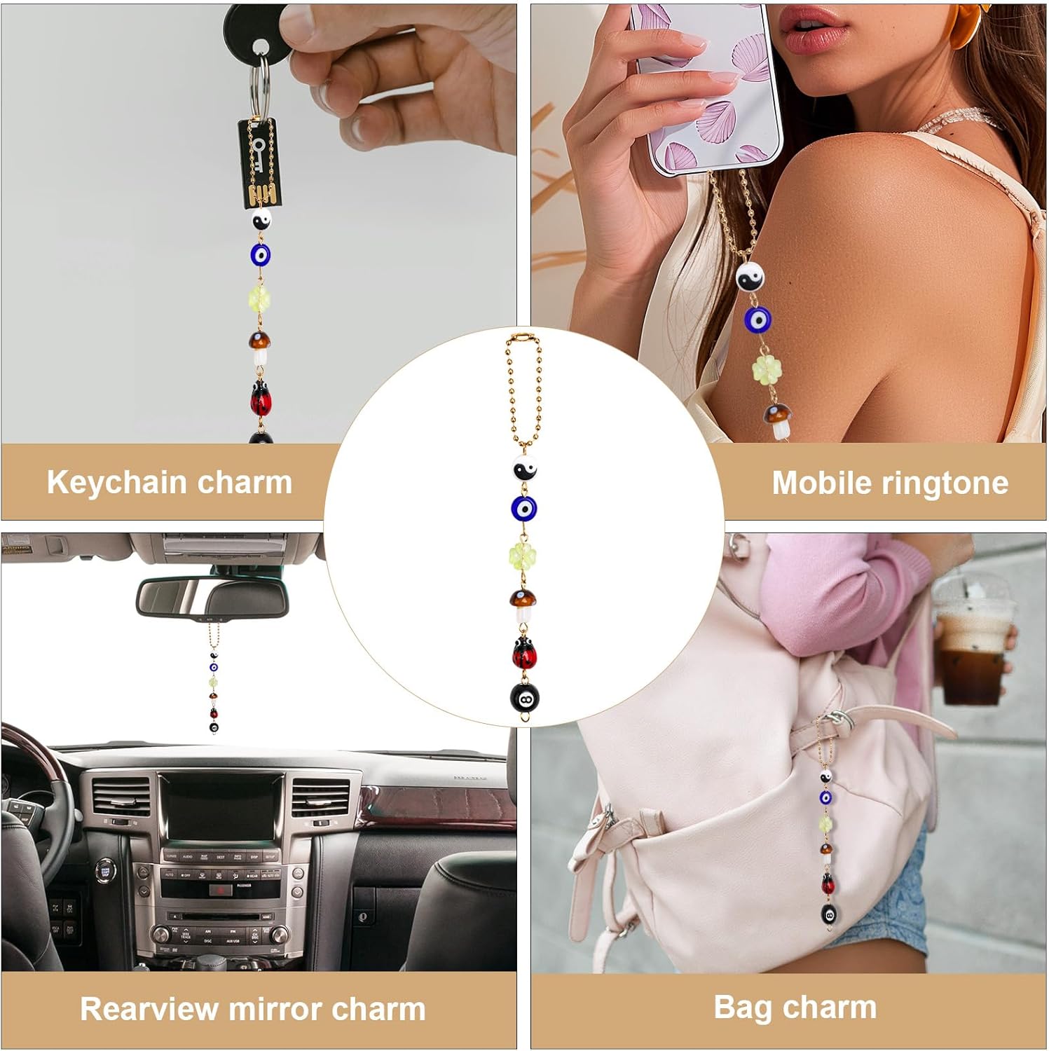 Evil Eye Car Charm with Yin Yang and Four Leaf Clover