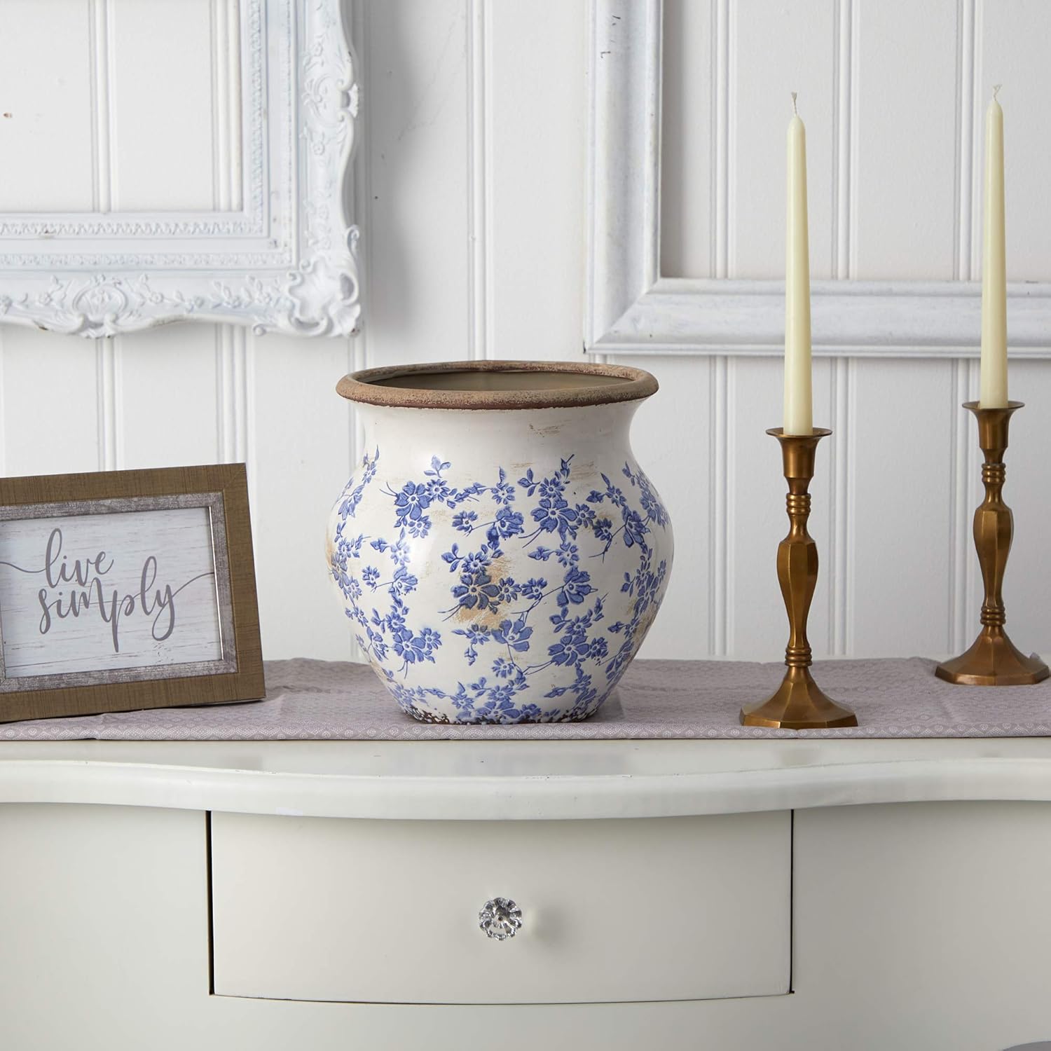 Nearly Natural 105in Tuscan Ceramic Blue Scroll Urn Vase