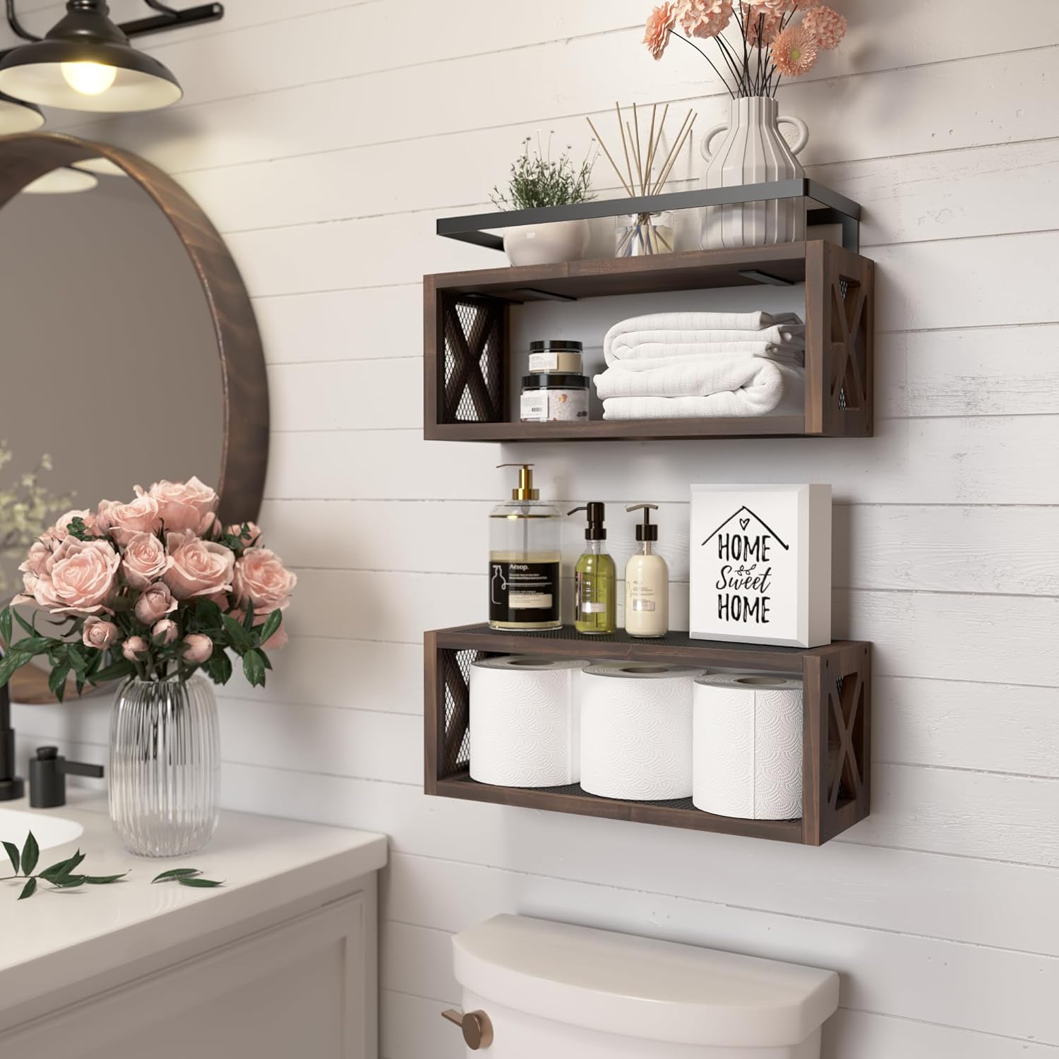 RICHER HOUSE Floating Wood Shelves with Guardrail Rustic Brown 2 Shelves