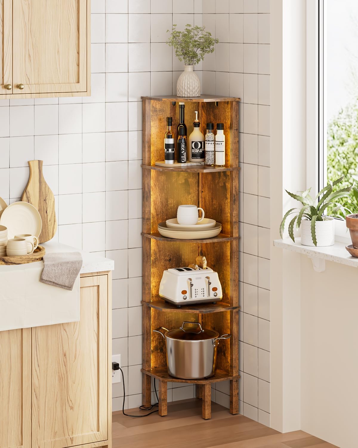 5 Tier Corner Bookshelf with LED Light and Storage