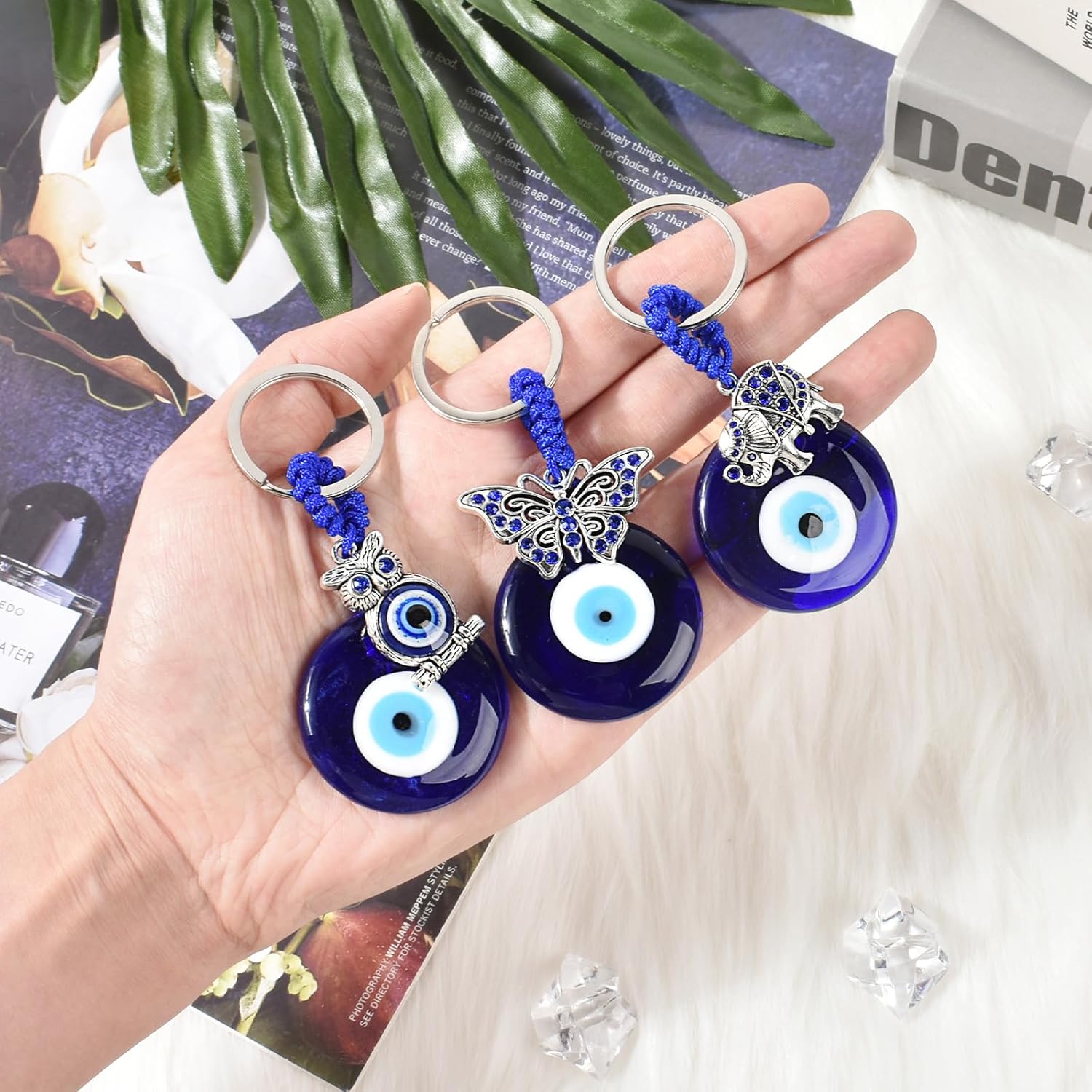 3pcs Blue Evil Eye Keychain with Butterfly Elephant Owl Hanging Ornament