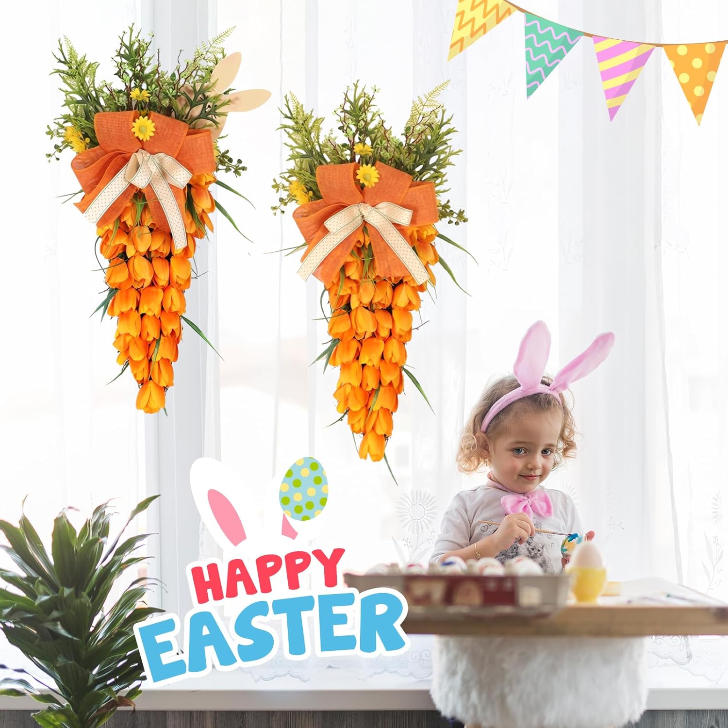 Easter Tulip Swag Decor with Bunny Handmade Wreath