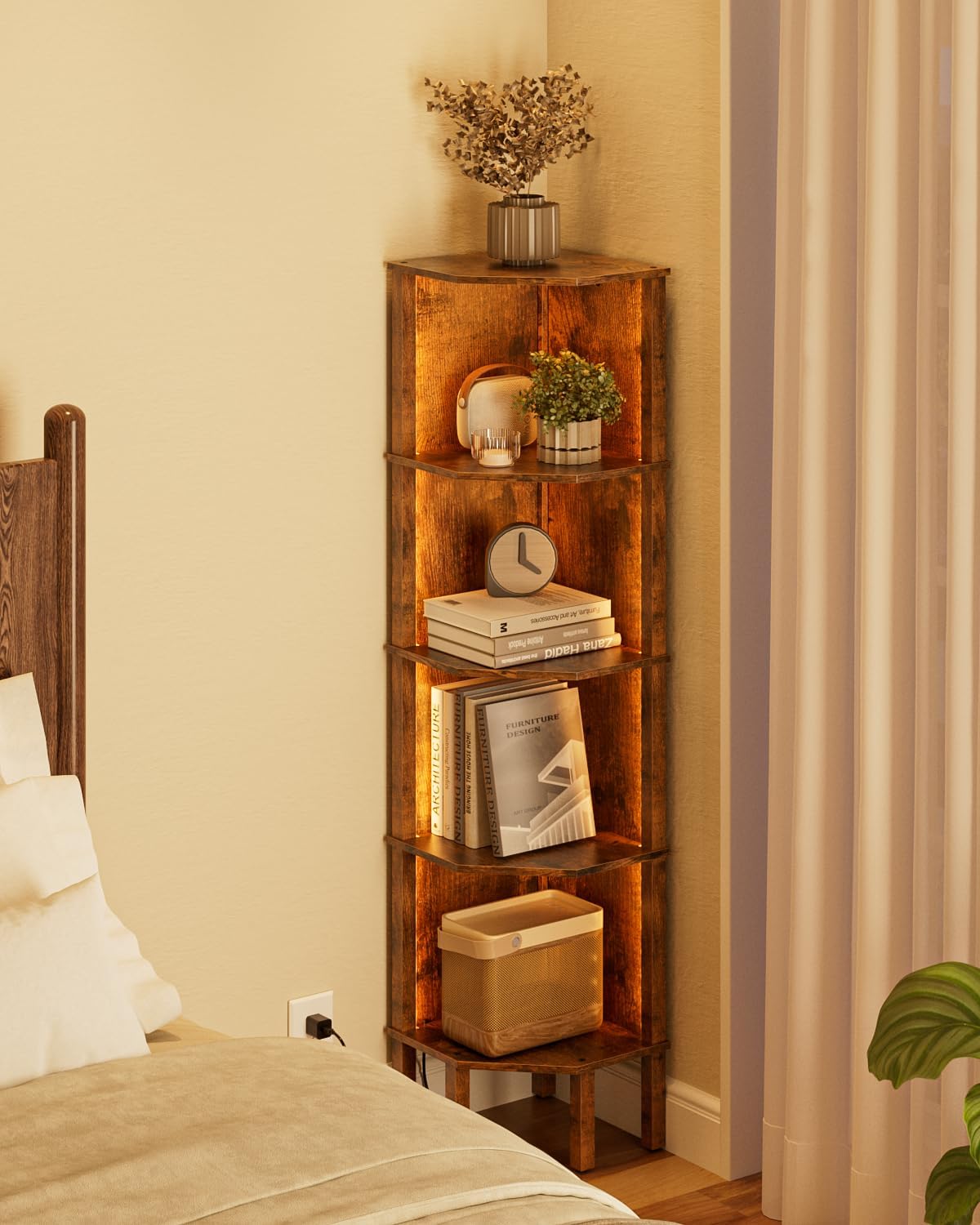 5 Tier Corner Bookshelf with LED Light and Storage