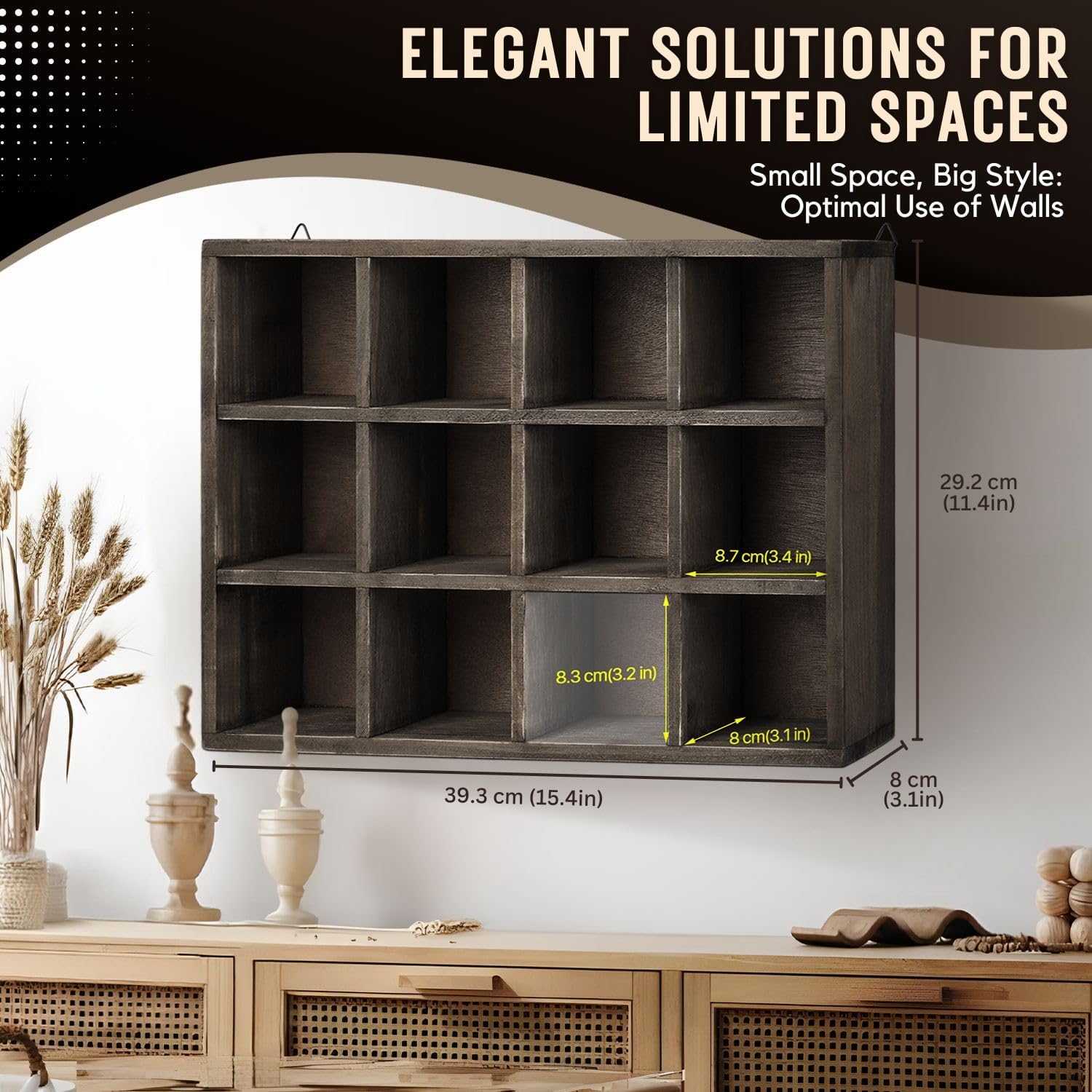 Flexzion 12-Compartment Floating Wooden Shelf