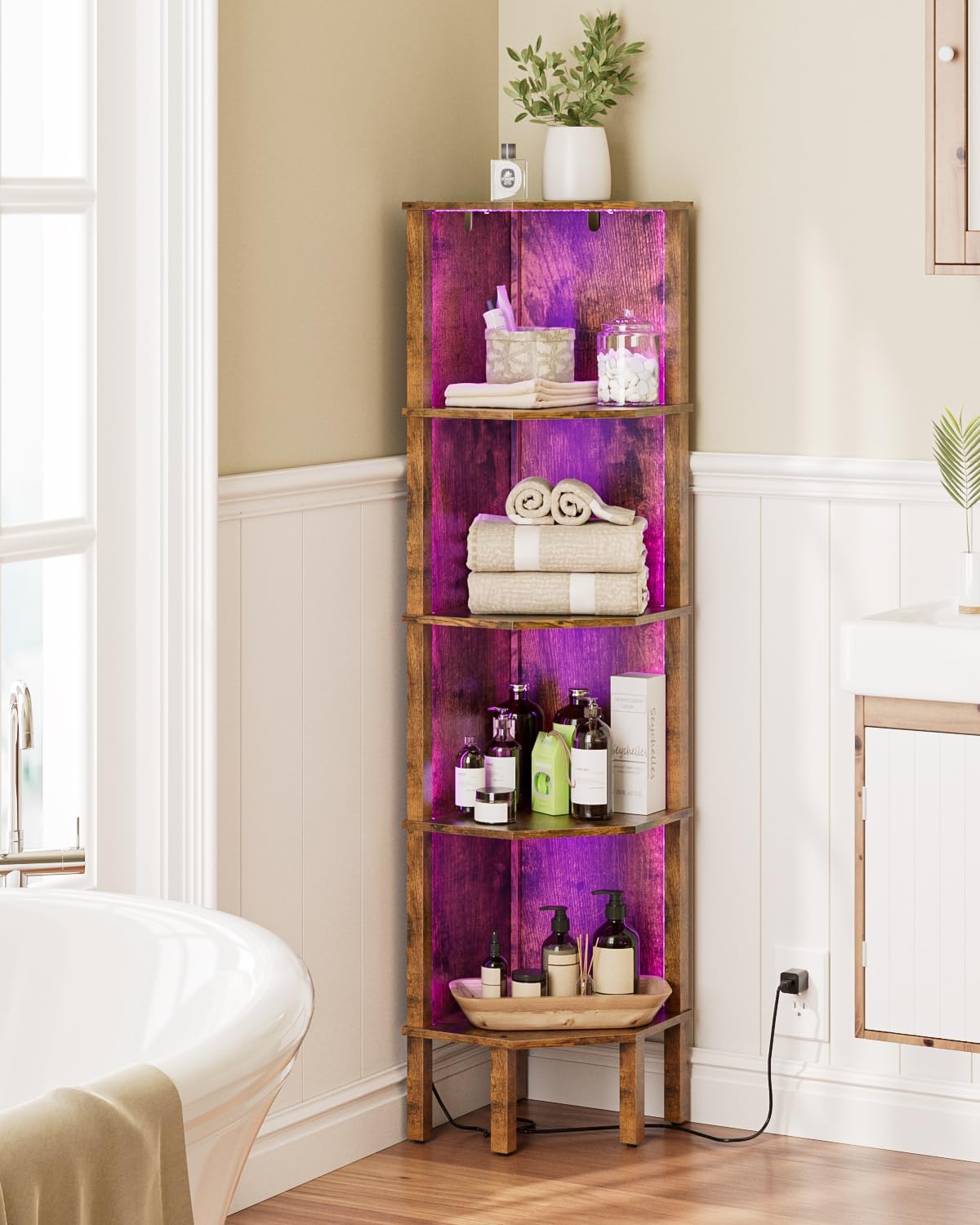 5 Tier Corner Bookshelf with LED Light and Storage