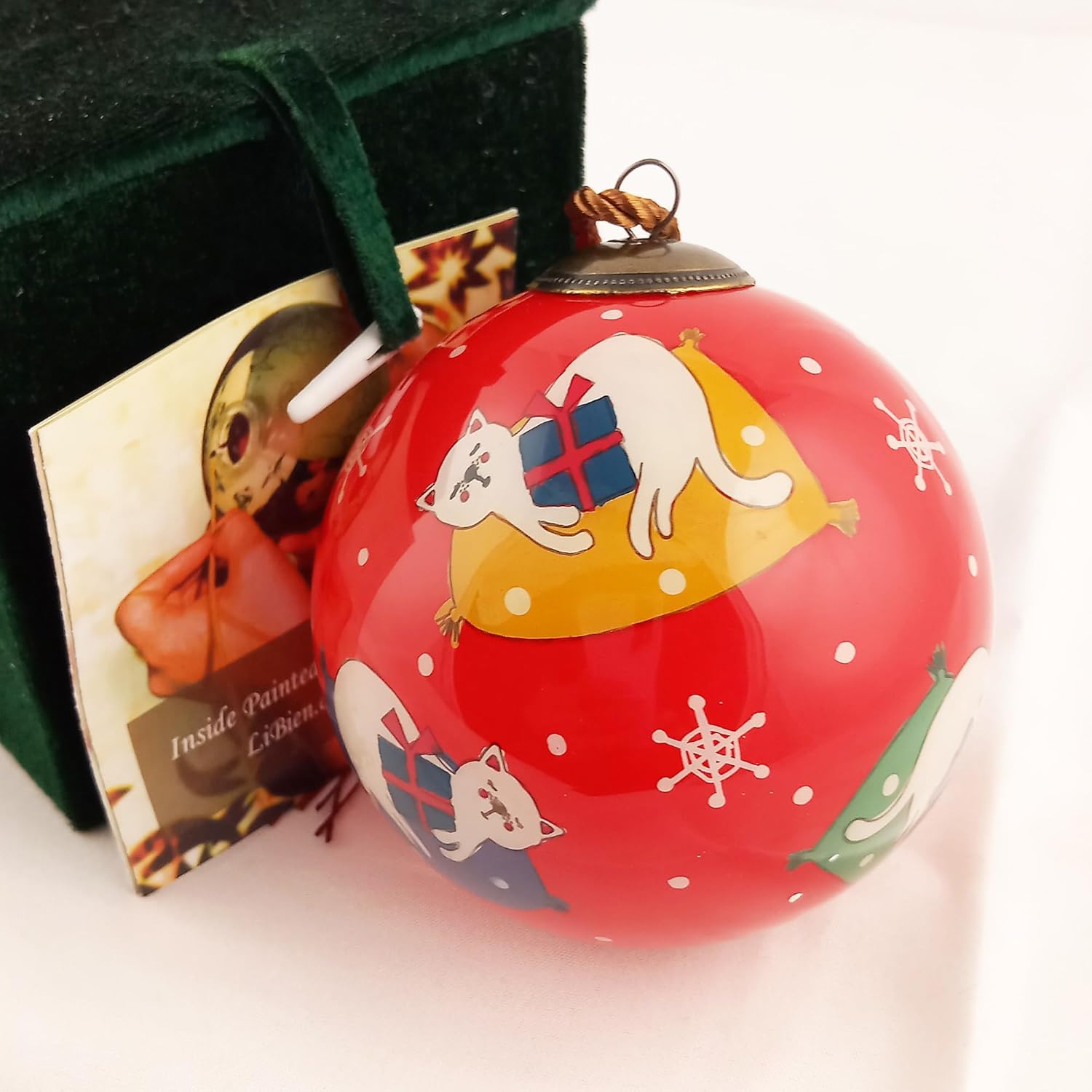Handcrafted Painted Glass Ornament with Gift Box Sleepy Kitten Decor
