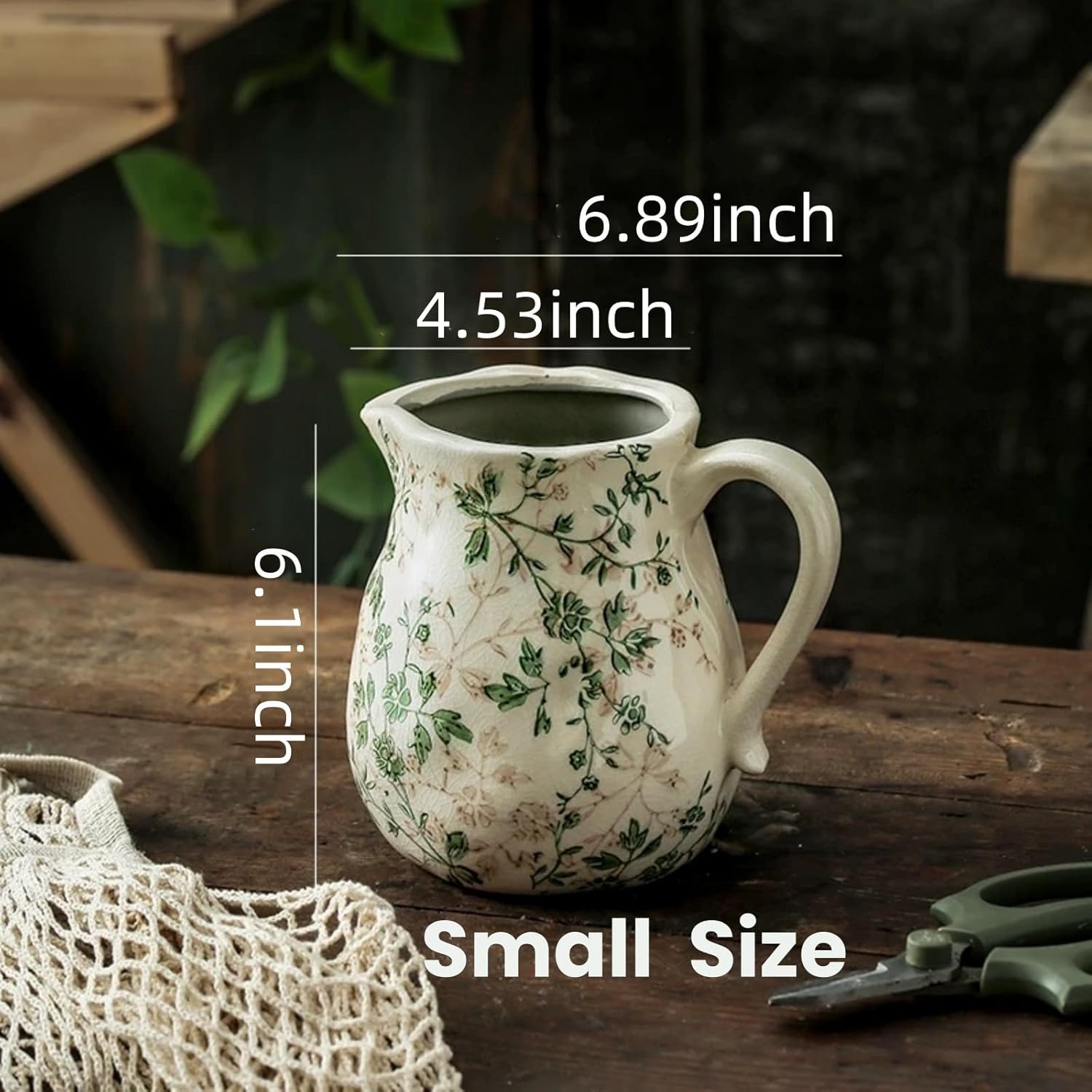 Beige Green Ceramic Vase with Handle for Home Decor