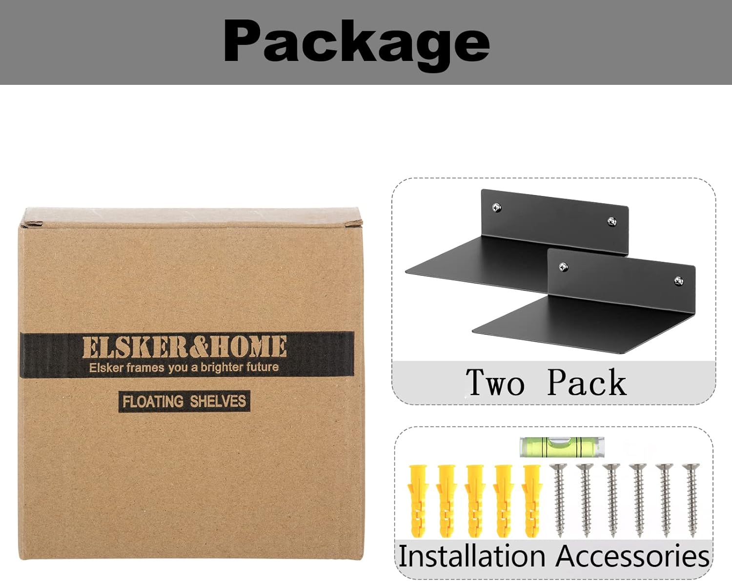 ELSKERHOME Small Floating Shelf Set of 2 Black Metal Book Shelves