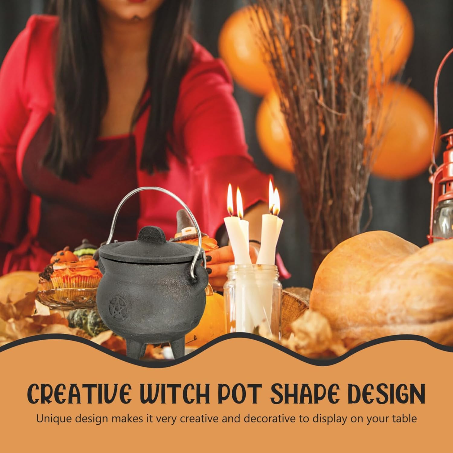 BESTonZON Triple Moon Cast Iron Cauldron with Lid Halloween Decor