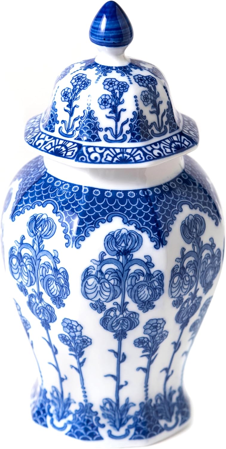 Blue and White Ginger Jar 15 Inch Ceramic Vase