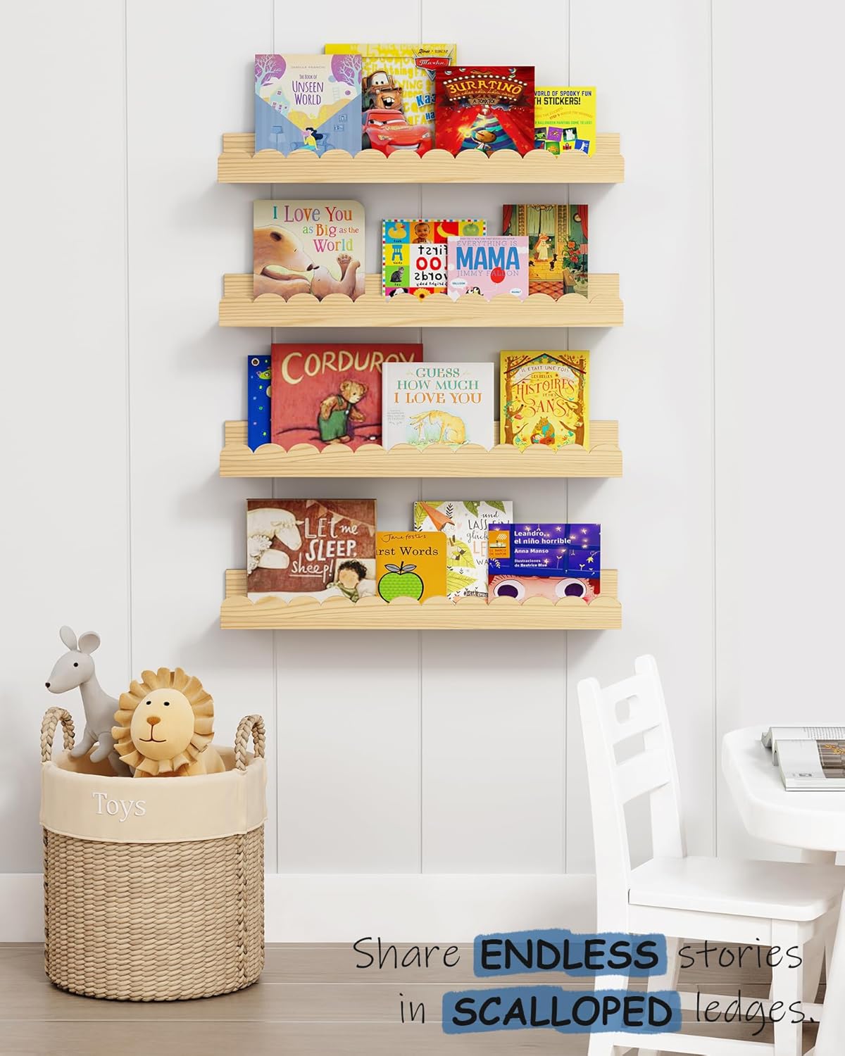 Harwaya Scalloped Wall Bookshelf 4-Pack Natural Pine