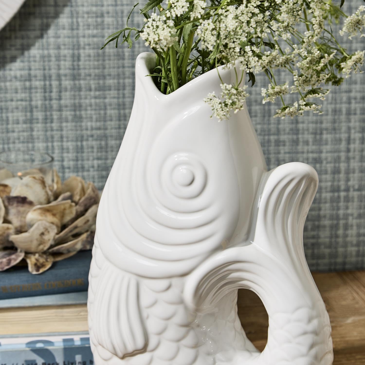 Twos Company Large Fish Vase 12 Inch Ceramic White