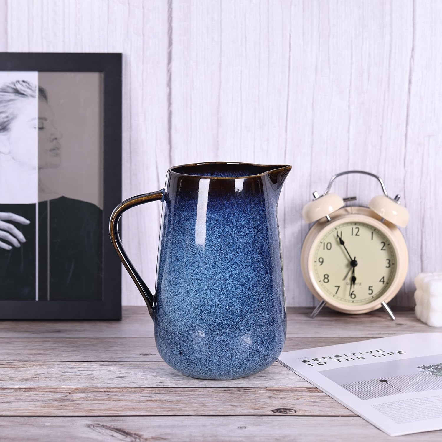 Blue Ceramic Pitcher Vase with Handles for Home Decor
