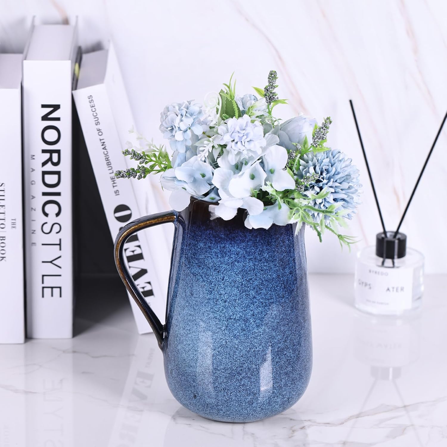 Blue Ceramic Pitcher Vase with Handle