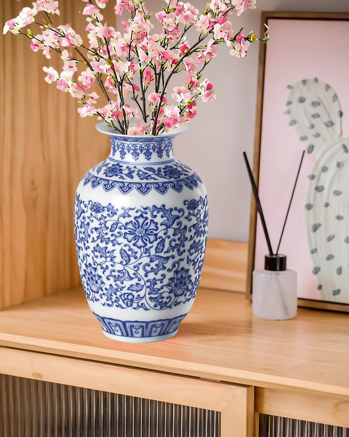 9 Inch Blue and White Ceramic Vase with Lotus Pattern