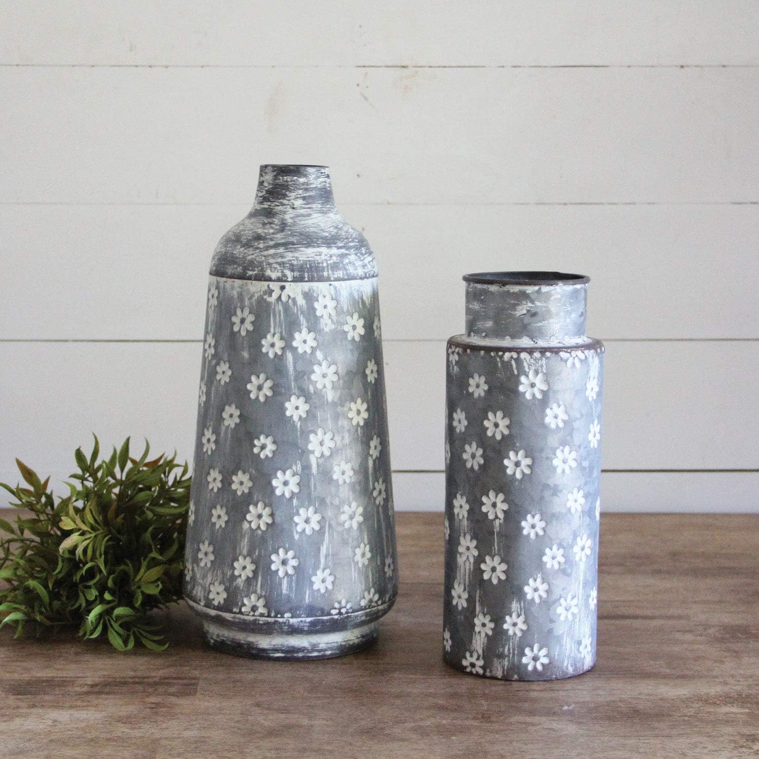 Rustic Whitewashed Floral Galvanized Metal Decorative Vase