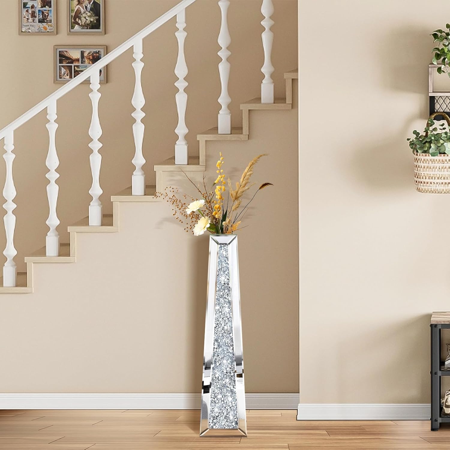 29 Inch Tall Crushed Diamond Floor Vase in Silver