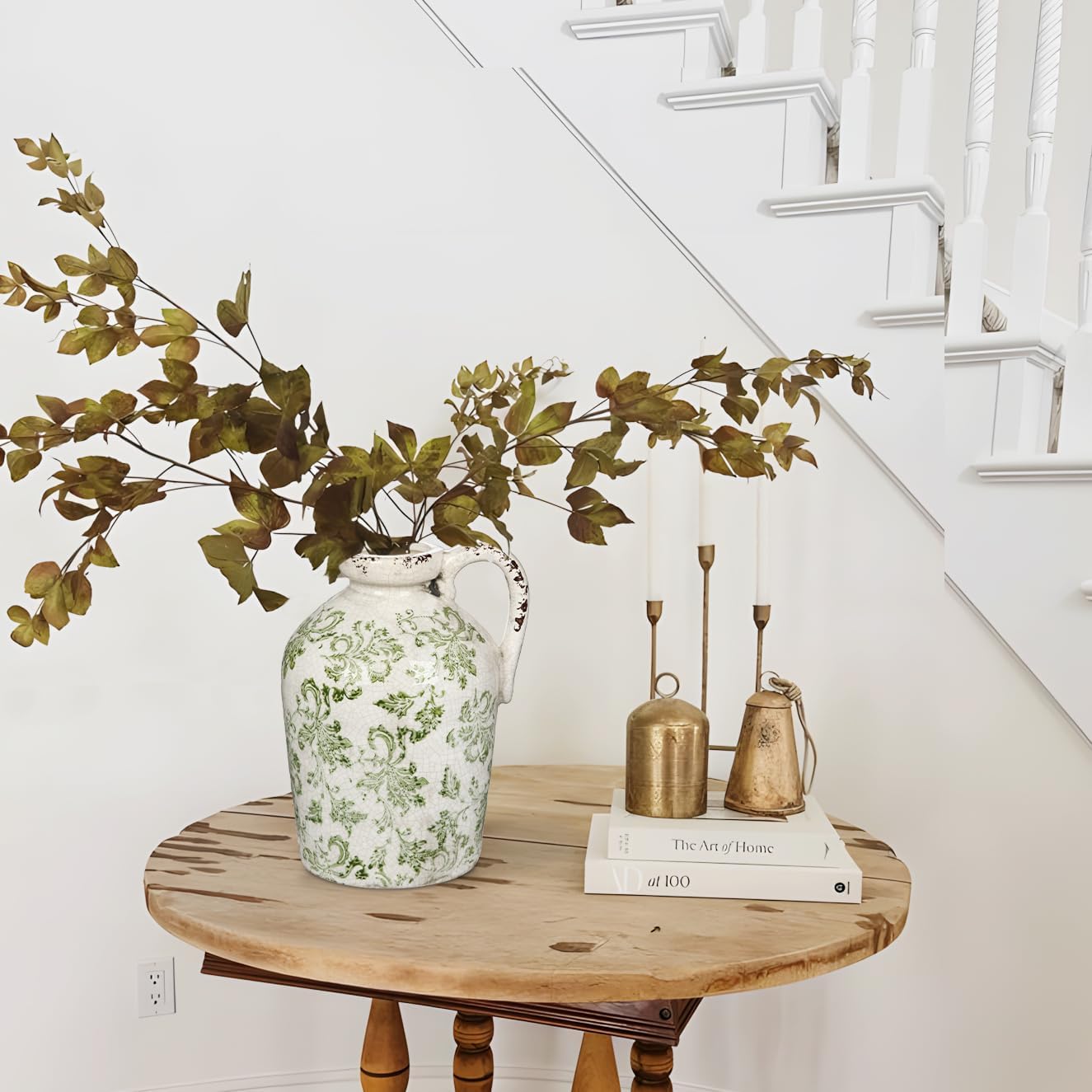 9 Inch Ceramic Green and White Vase for Centerpieces
