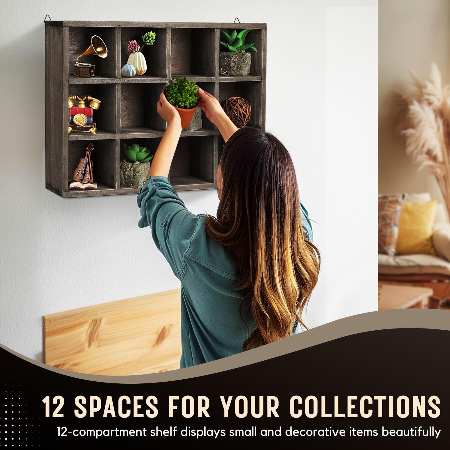 Flexzion 12-Compartment Floating Wooden Shelf