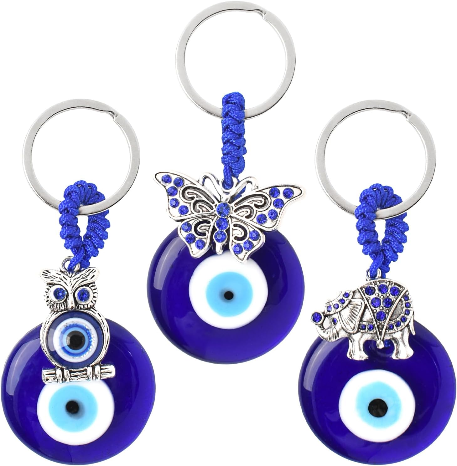 3pcs Blue Evil Eye Keychain with Butterfly Elephant Owl Hanging Ornament