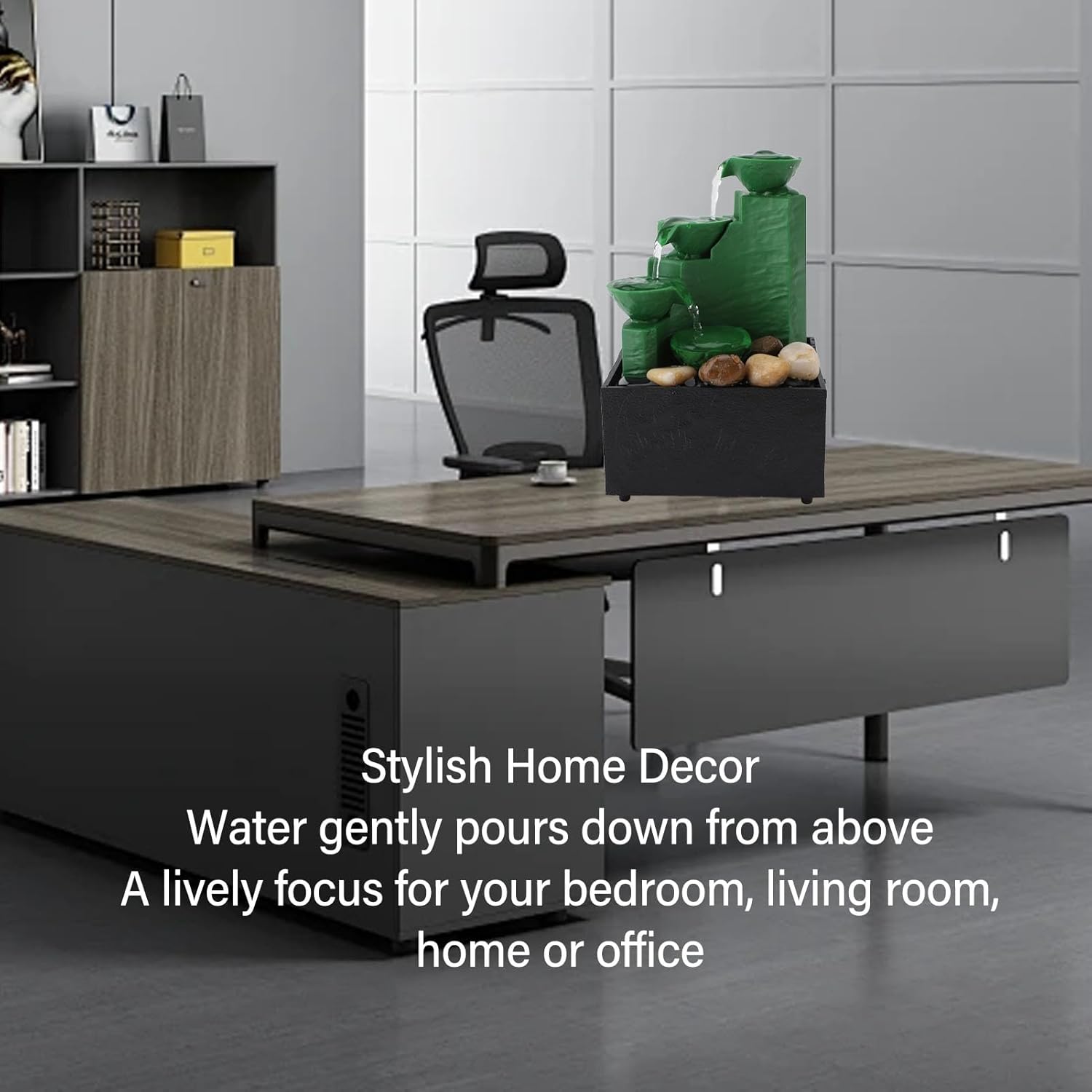 Tabletop Fountain with LED Light and Stones for Office and Bedroom