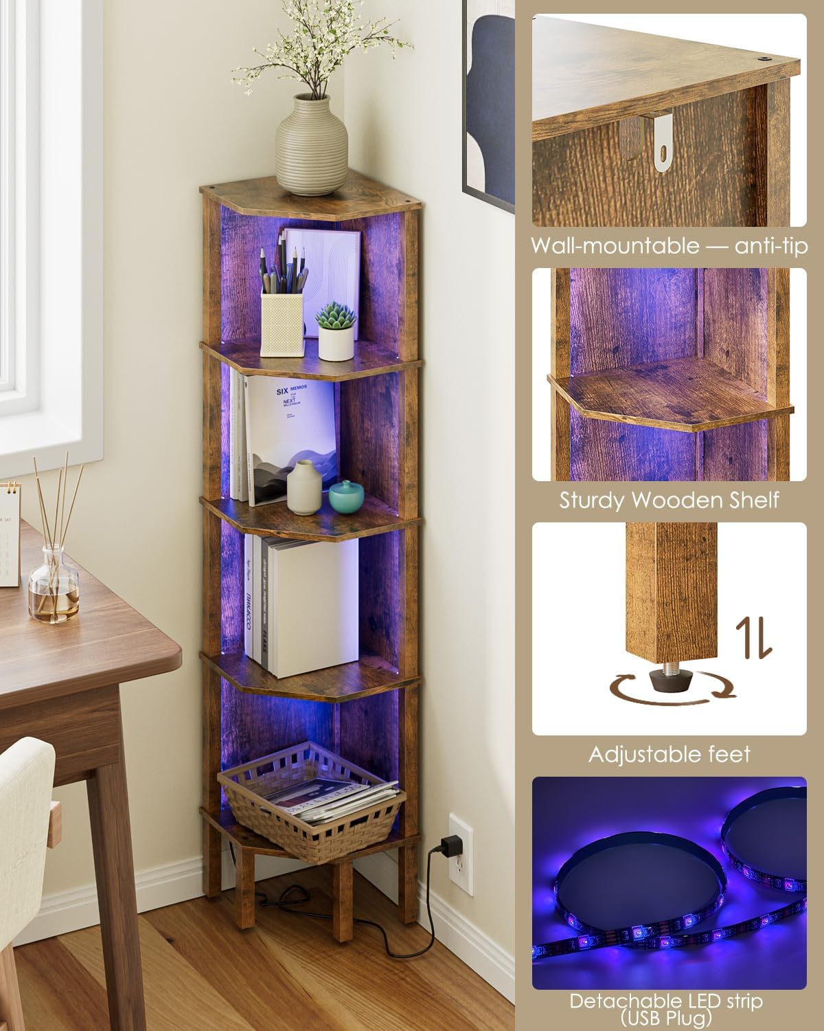 5 Tier Corner Bookshelf with LED Light and Storage