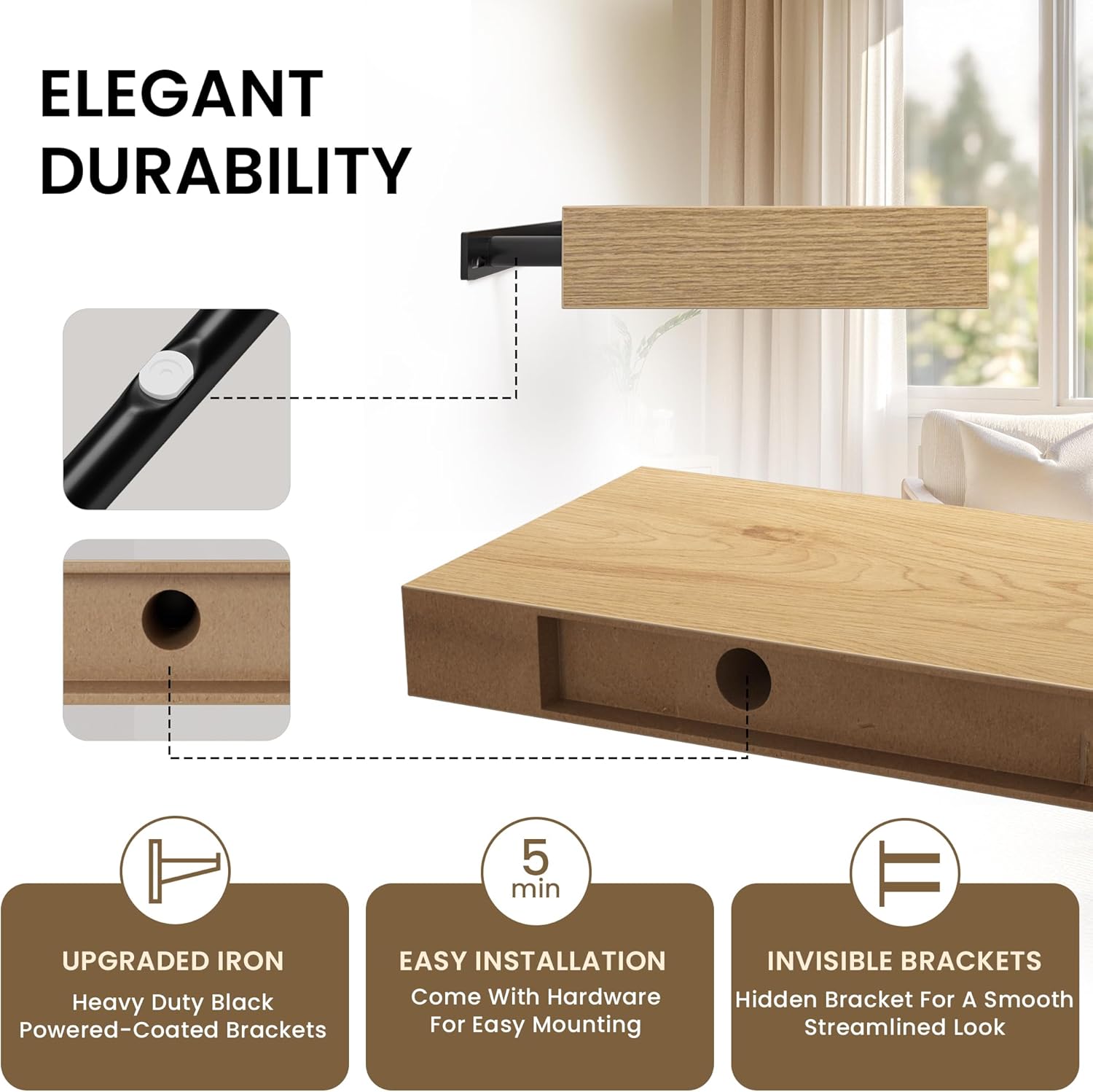 Set of 2 Floating Shelves Wall Mounted Oak 36x8x15