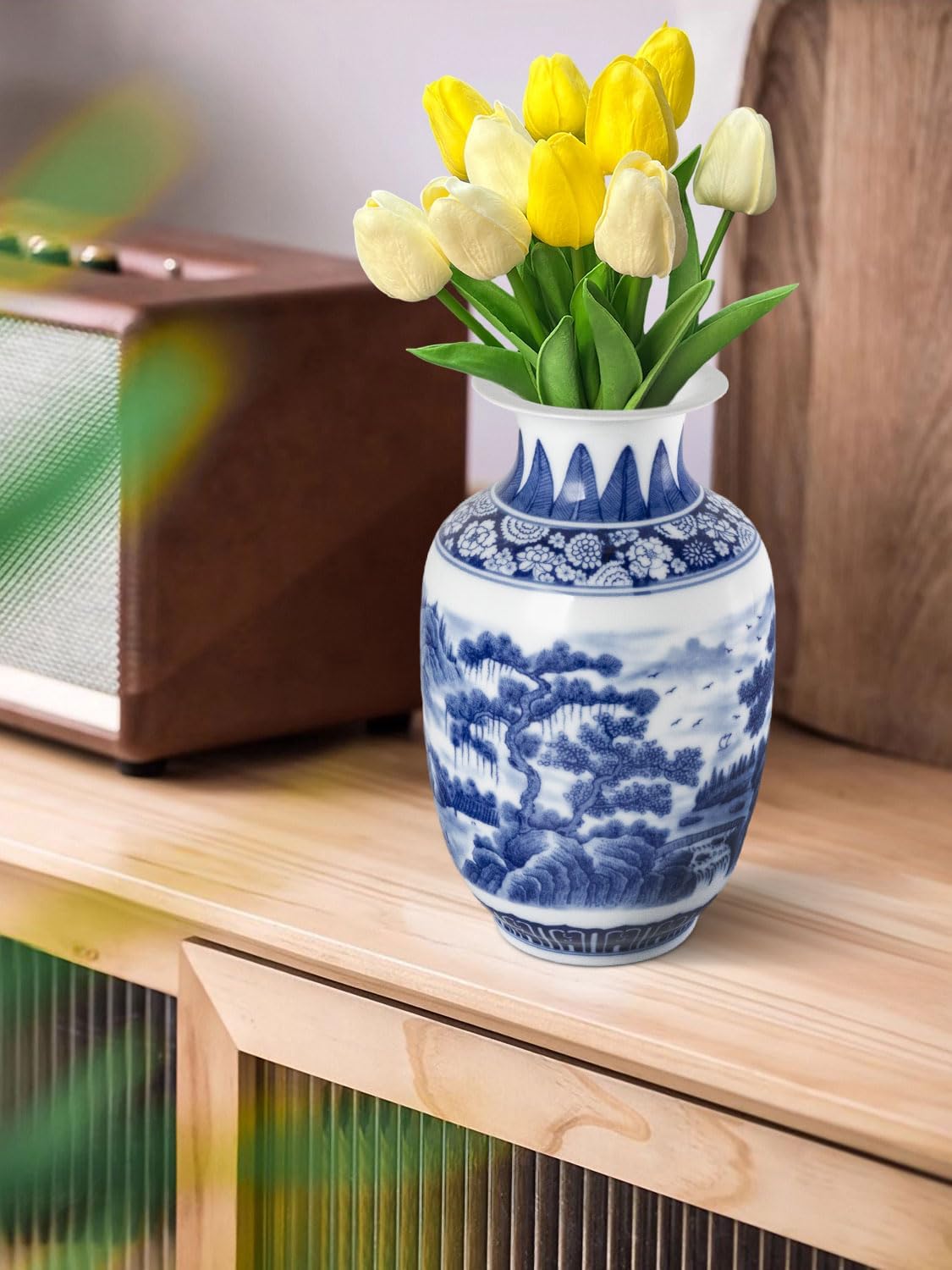 Qinlang 9 Inch Blue White Ceramic Vase Landscape Design