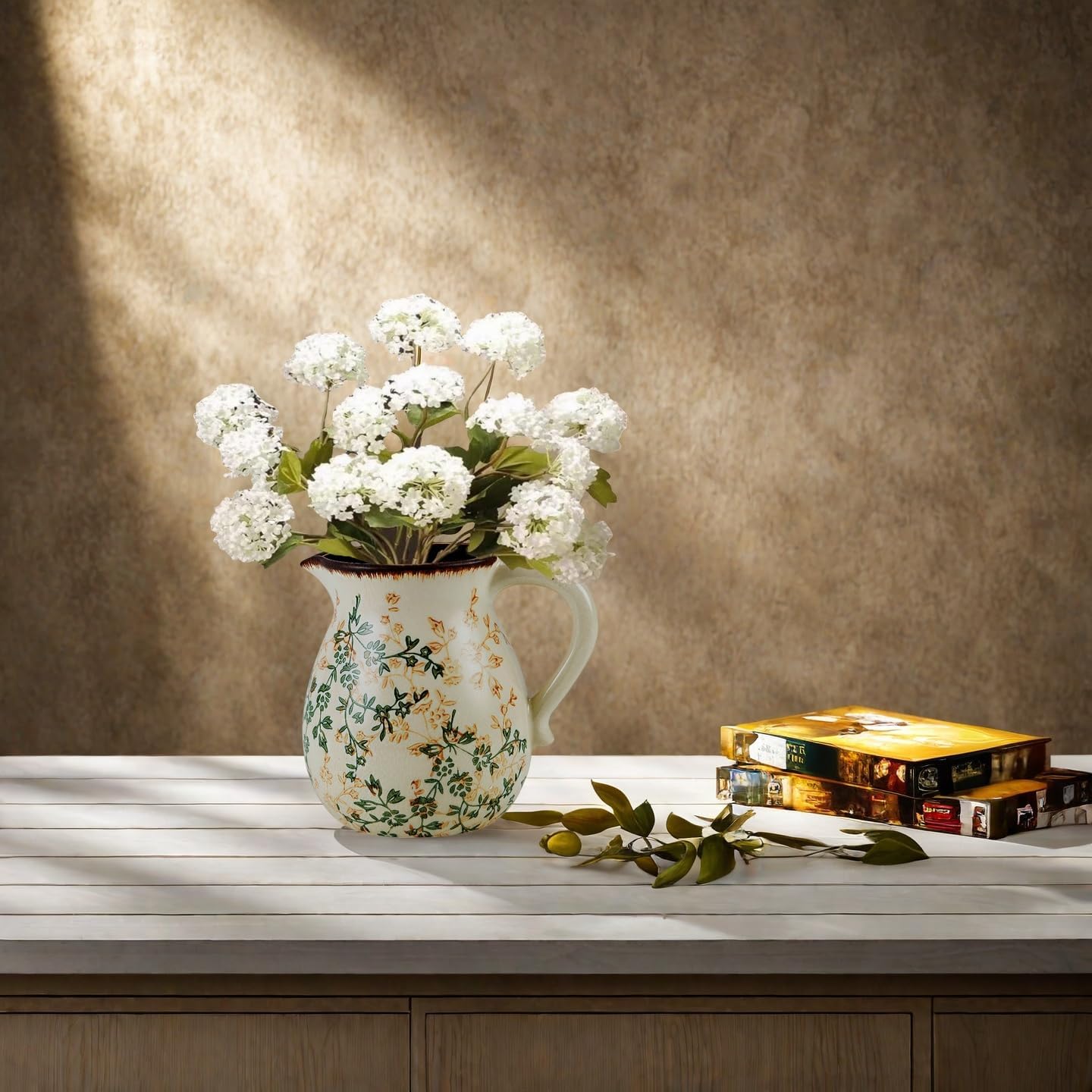 Green and Beige Handmade Ceramic Vase with Handle