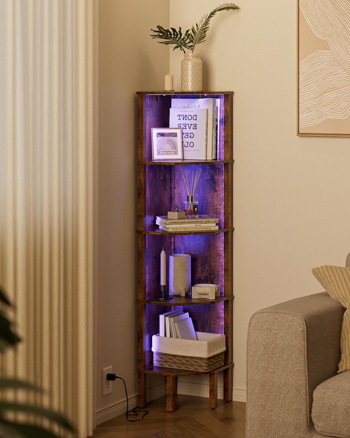 5 Tier Corner Bookshelf with LED Light and Storage