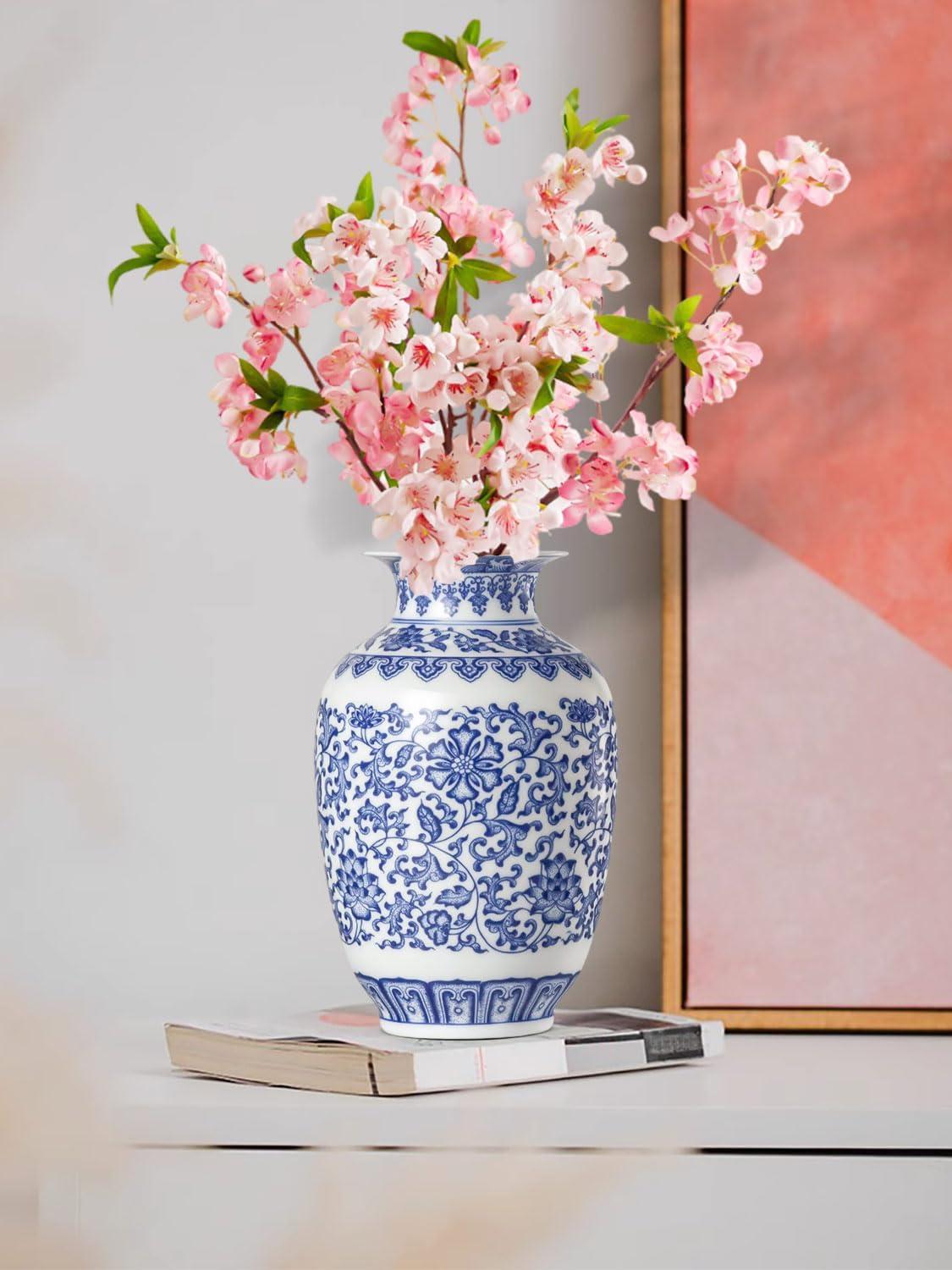 9 Inch Blue and White Ceramic Vase with Lotus Pattern