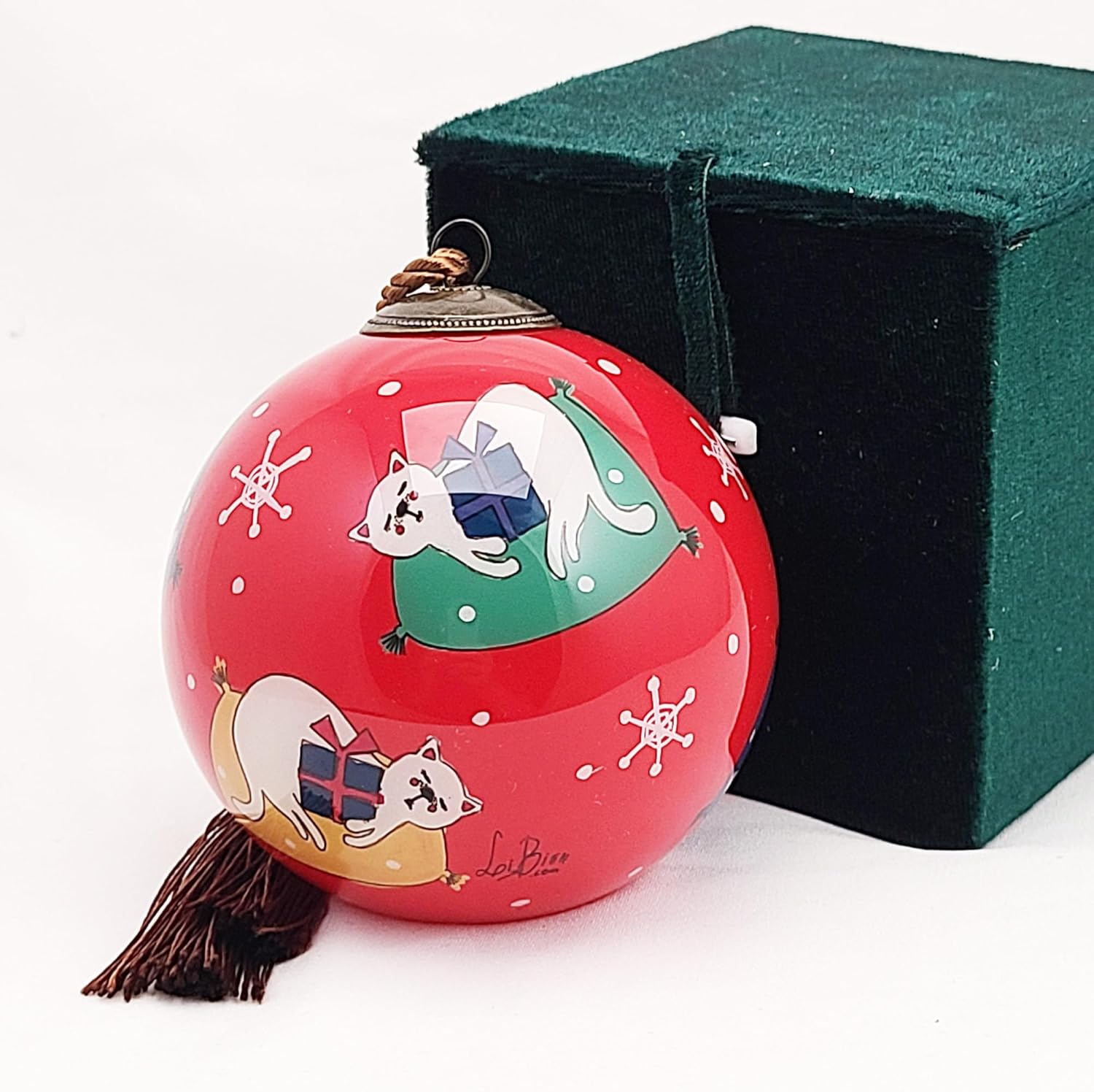 Handcrafted Painted Glass Ornament with Gift Box Sleepy Kitten Decor