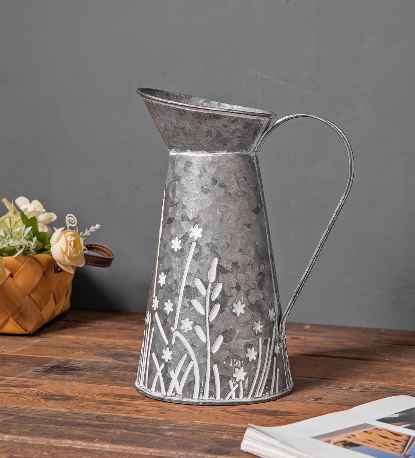 Vintage Galvanized Metal Pitcher Vase with Handle