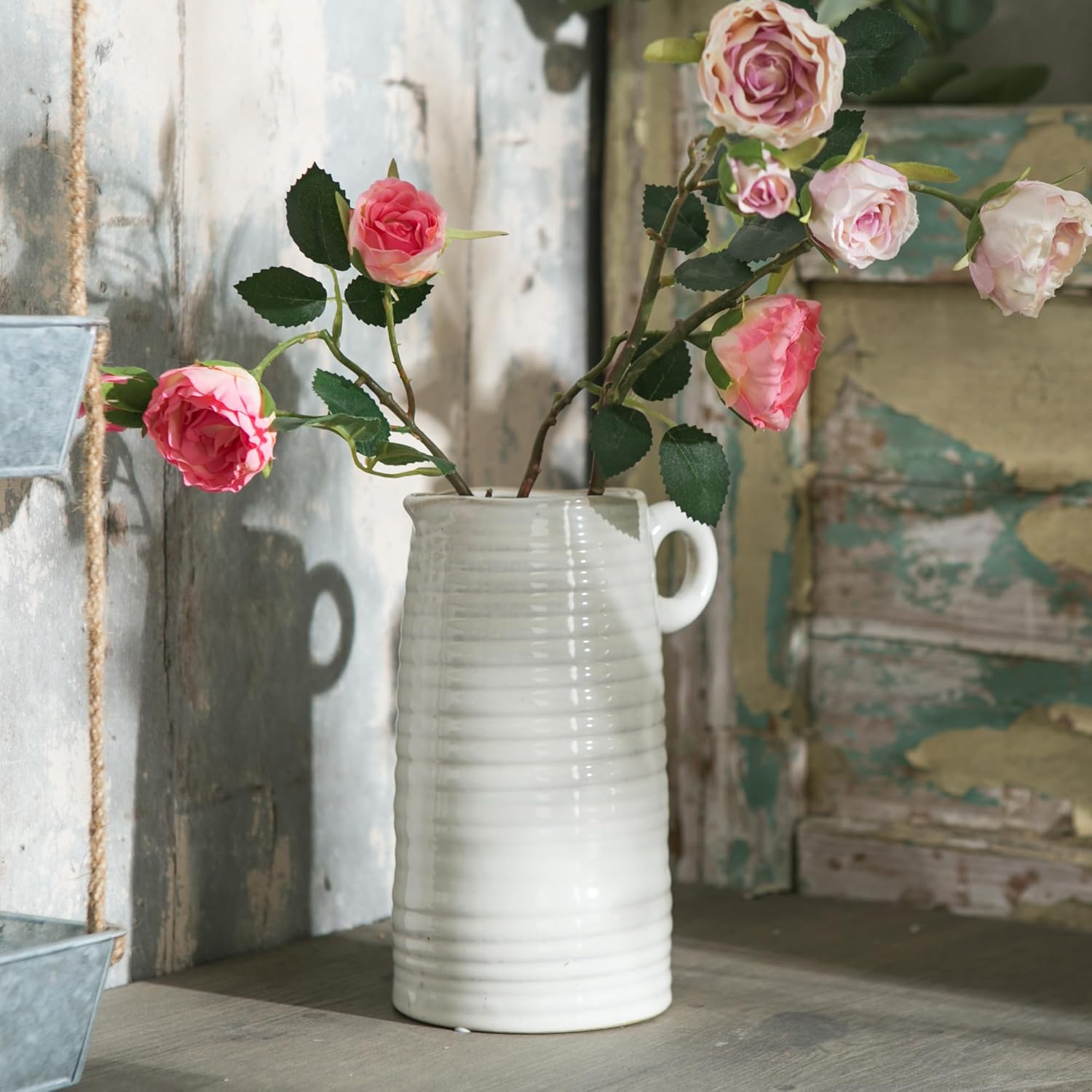 White Ceramic Vase with Handle Modern Farmhouse Decor